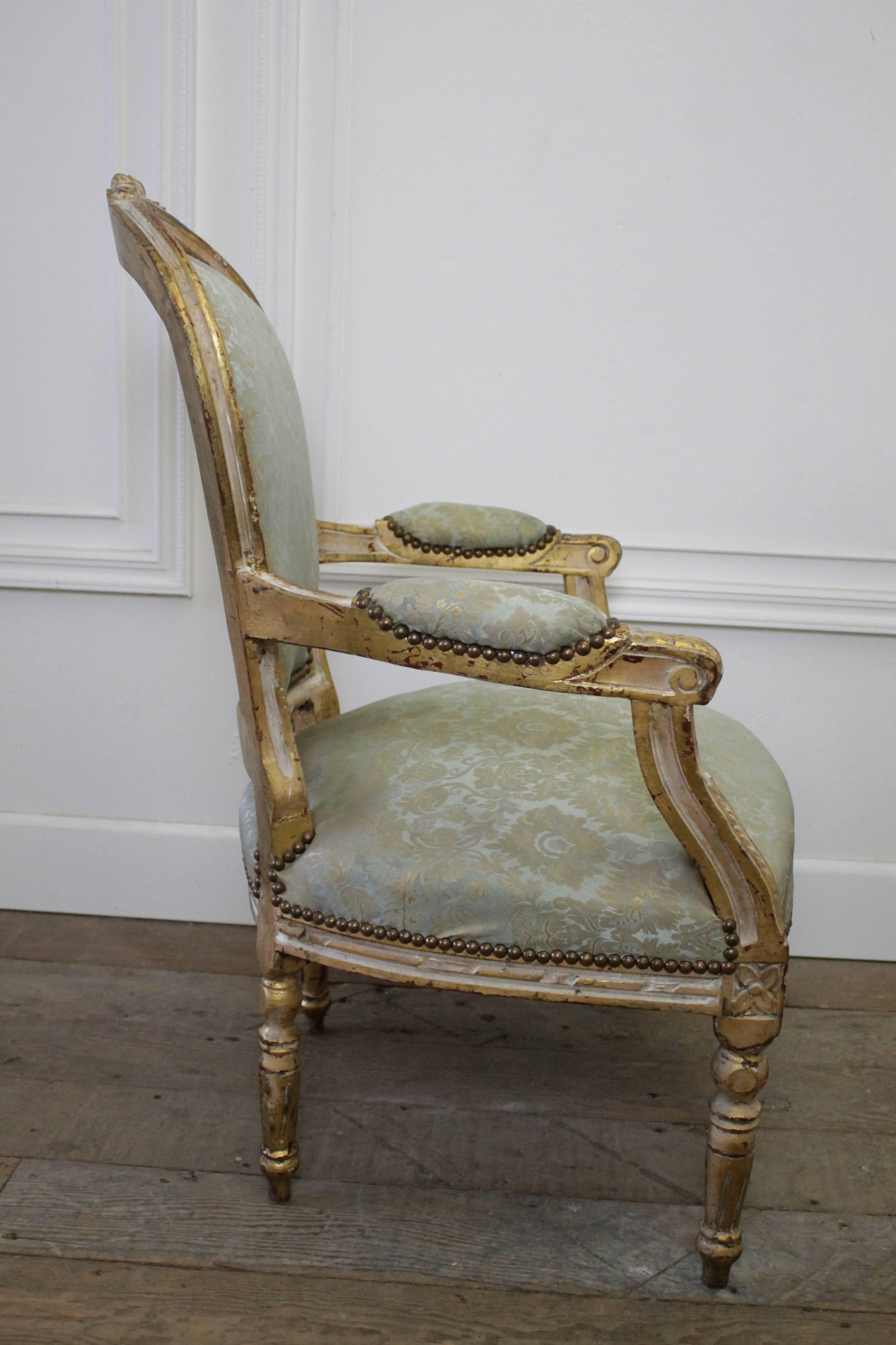 Antique Louis XVI Style Giltwood Upholstered Open Armchair In Good Condition In Brea, CA