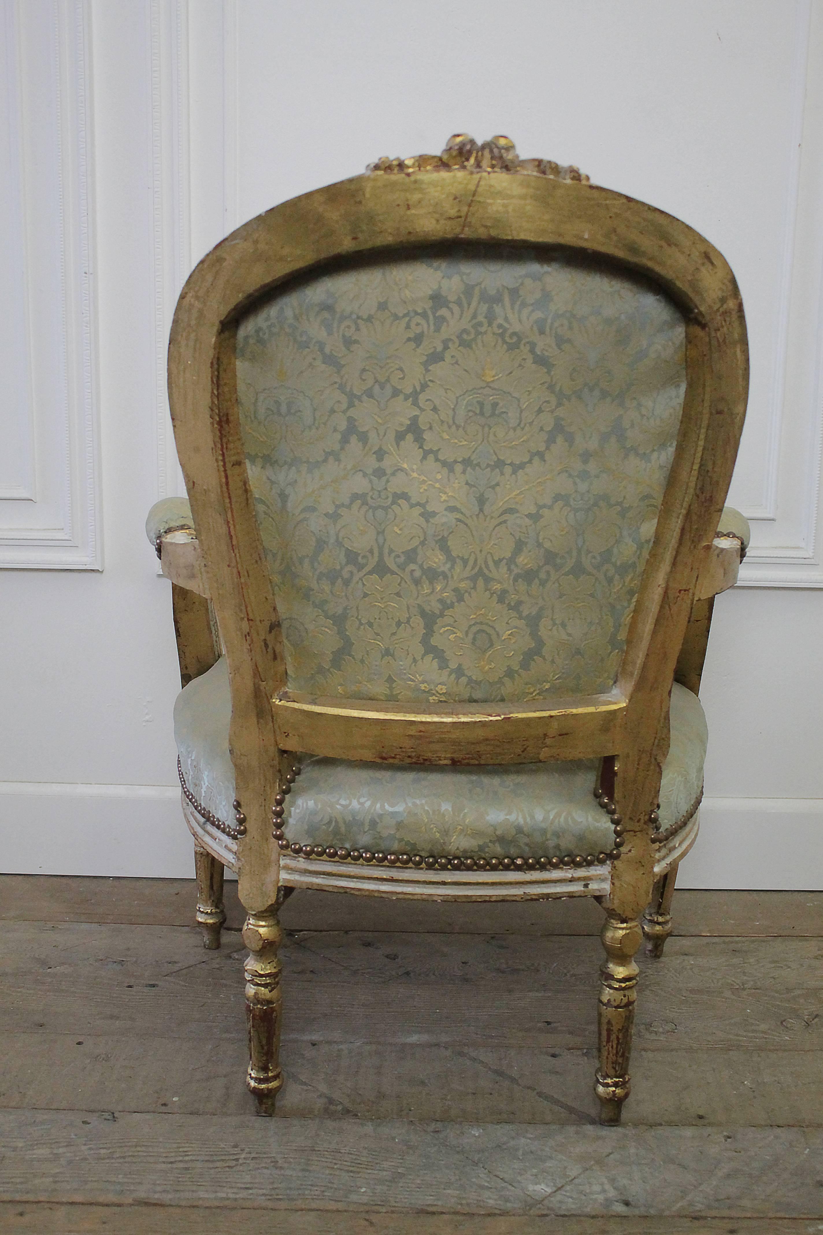 19th Century Antique Louis XVI Style Giltwood Upholstered Open Armchair