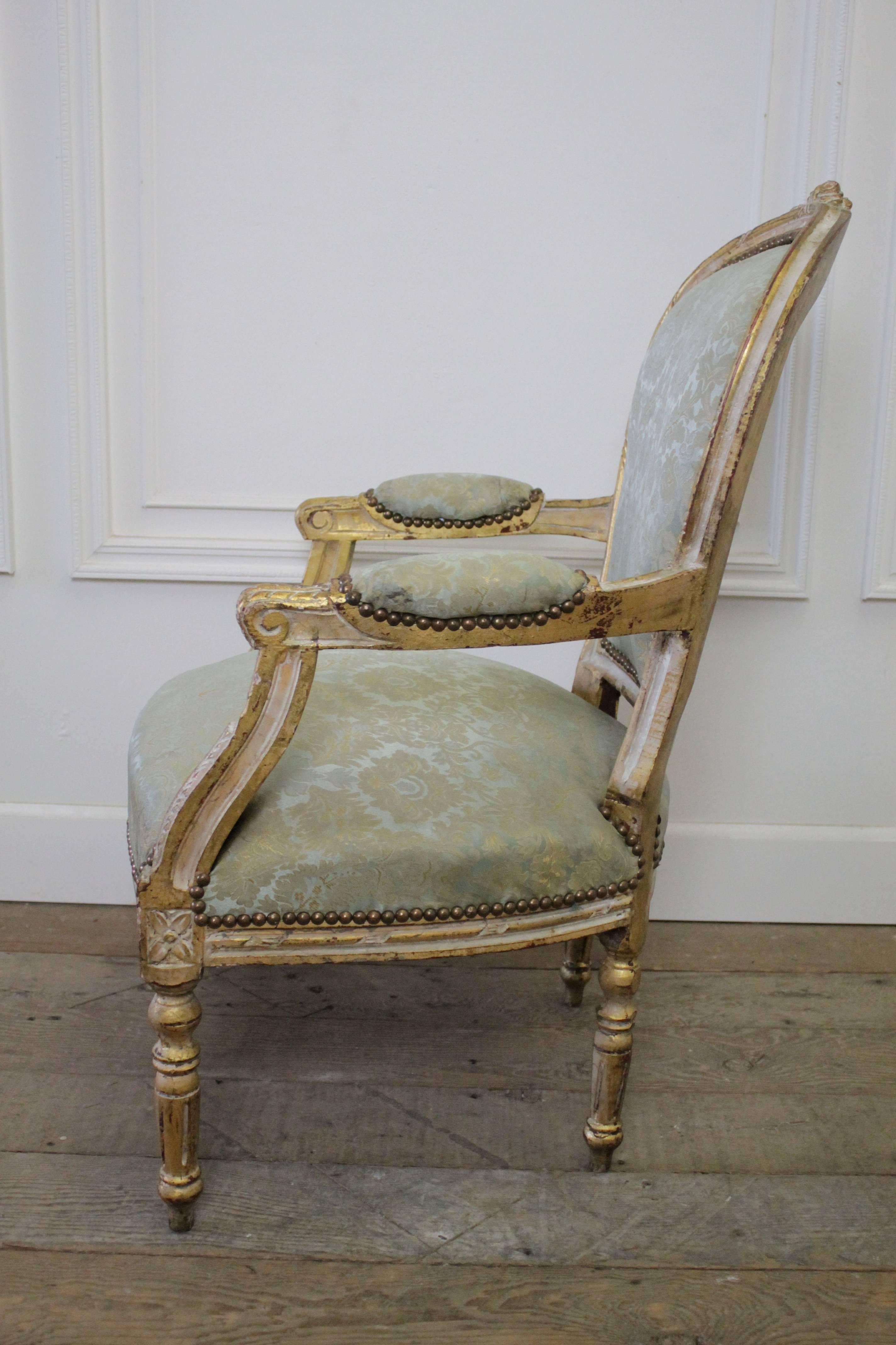 Upholstery Antique Louis XVI Style Giltwood Upholstered Open Armchair