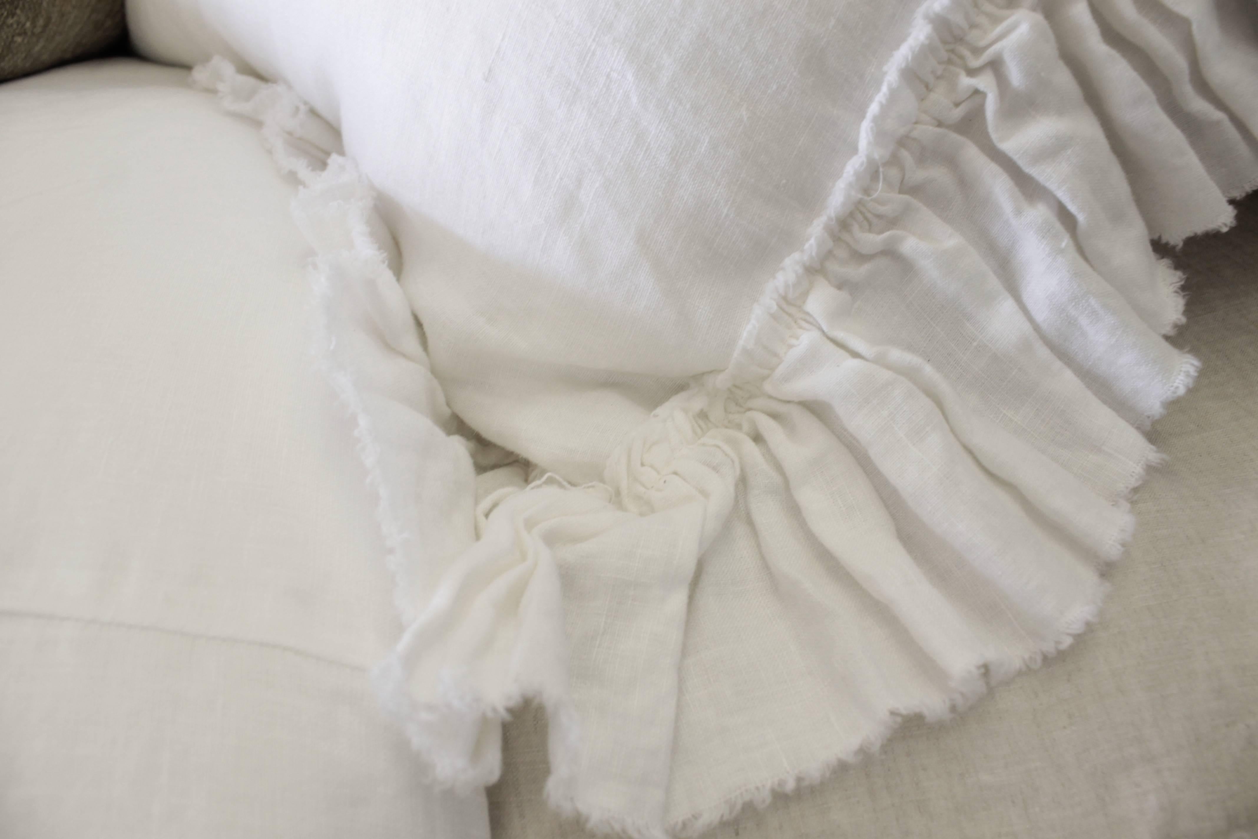 Our linens are 100% pure Irish linen, custom made to order in our workroom. All sizes available. Select from our neutral shades
White.
Soft white (shown).
Greige natural.
Flax dark natural.
Slate grey.
Fog blue.
Ballet slipper.
Beach house