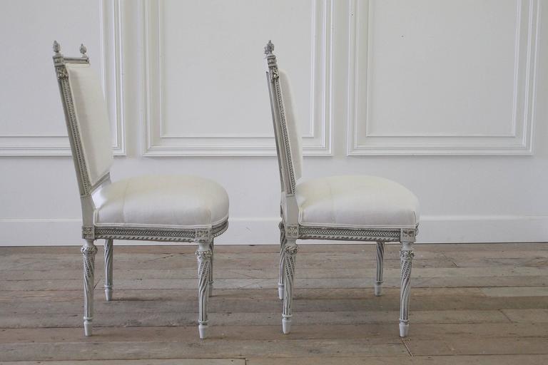 Pair of 19th Century Painted Rose Carved Louis XVI Style Side Chairs For Sale 3