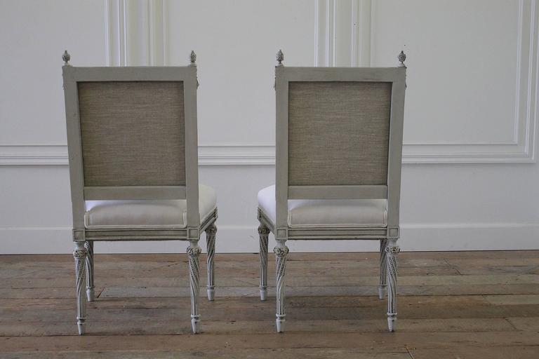 Pair of 19th Century Painted Rose Carved Louis XVI Style Side Chairs For Sale 4
