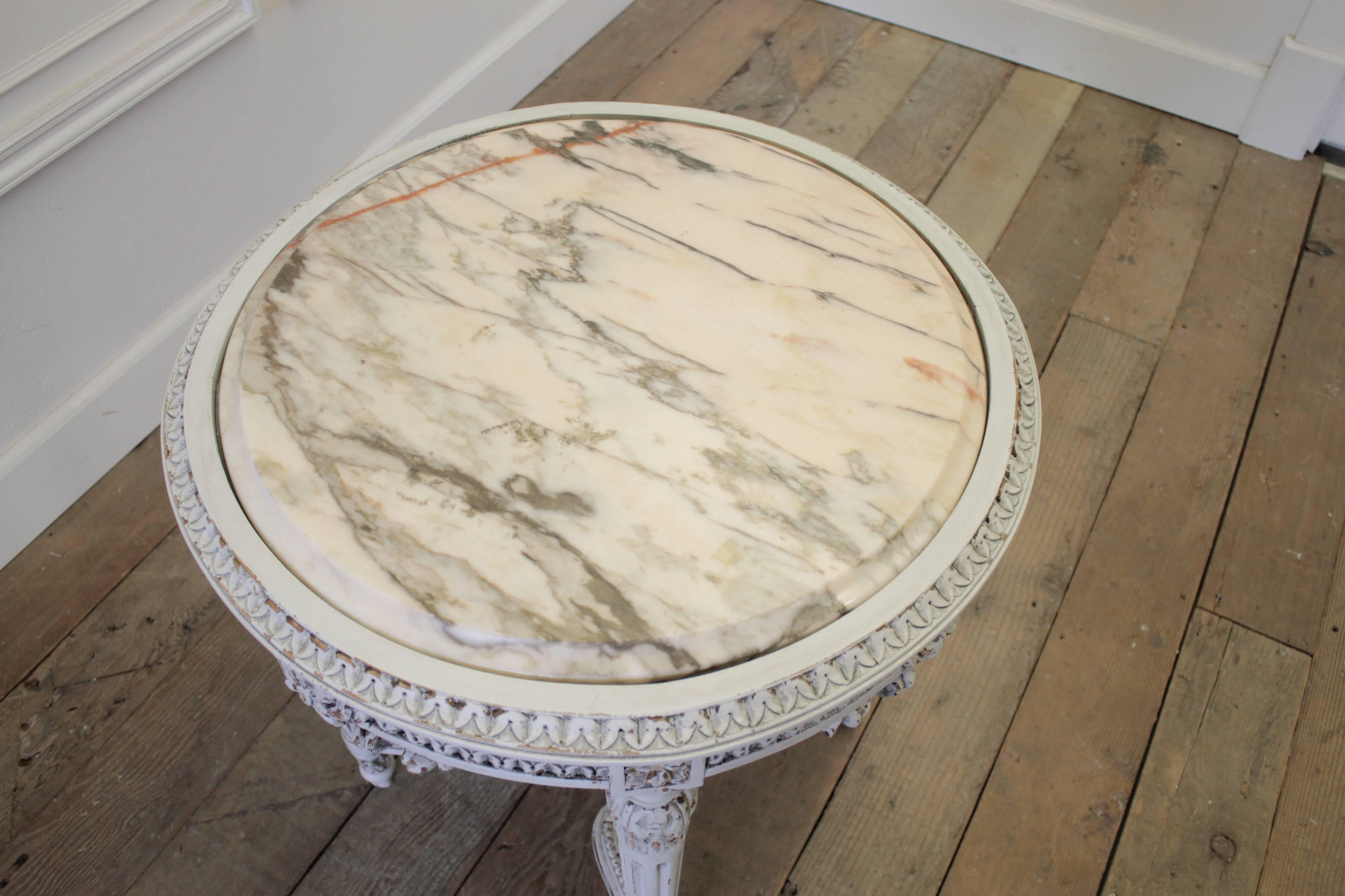 20th Century Antique French Louis XVI Style Painted Tea Side Table with Marble