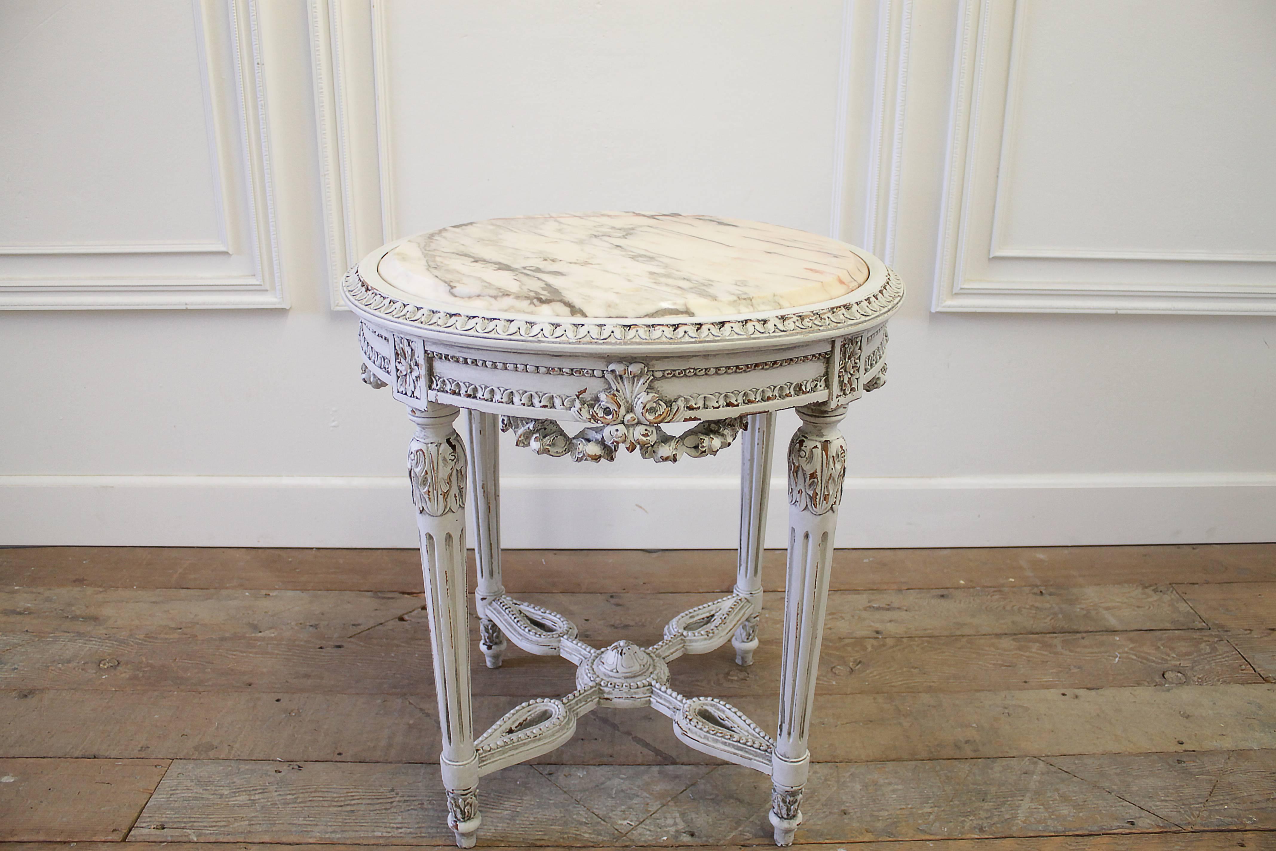 Antique French Louis XVI Style Painted Tea Side Table with Marble 5