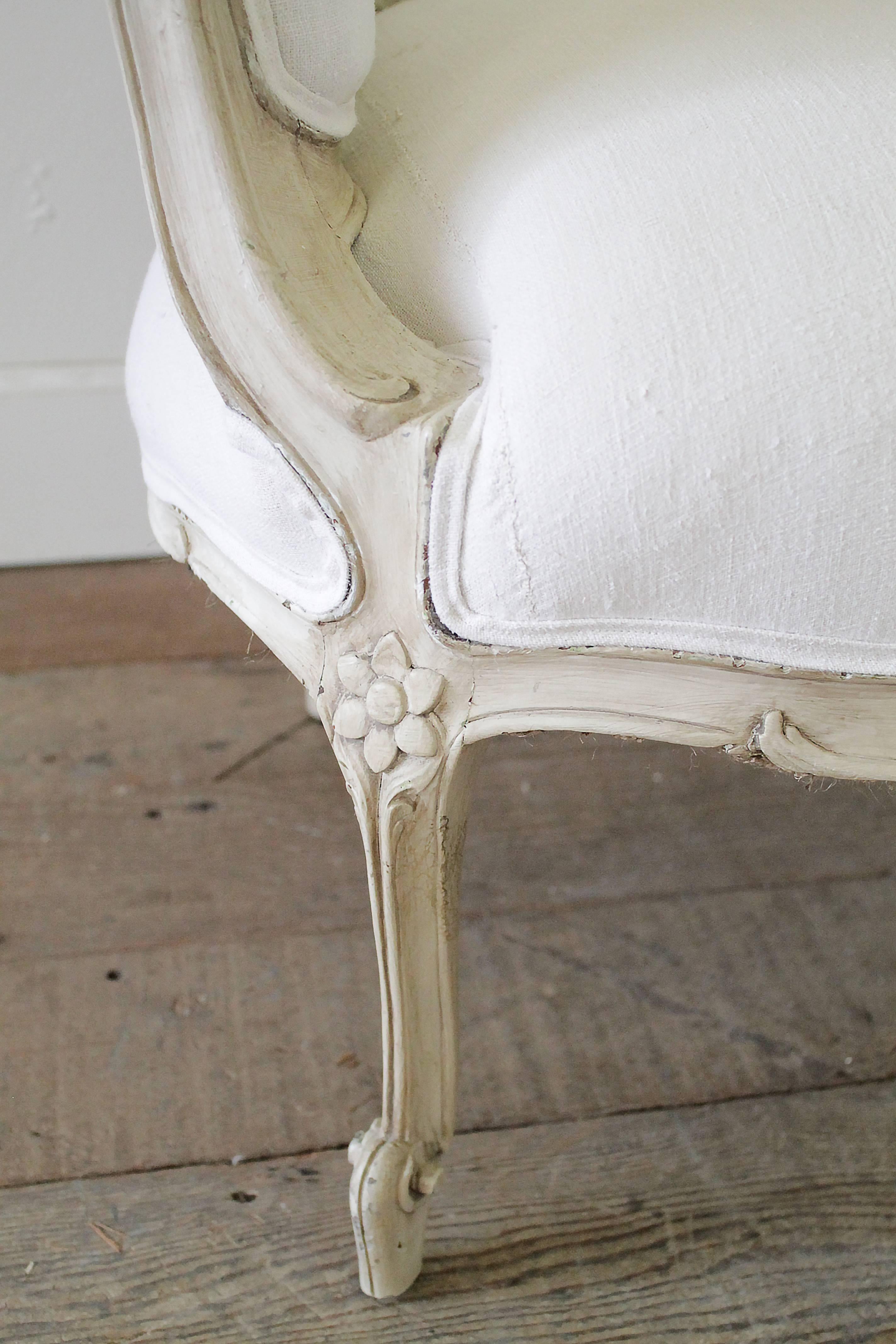 Linen 19th Century Marquis Carved and Painted Louis XV Style Chair