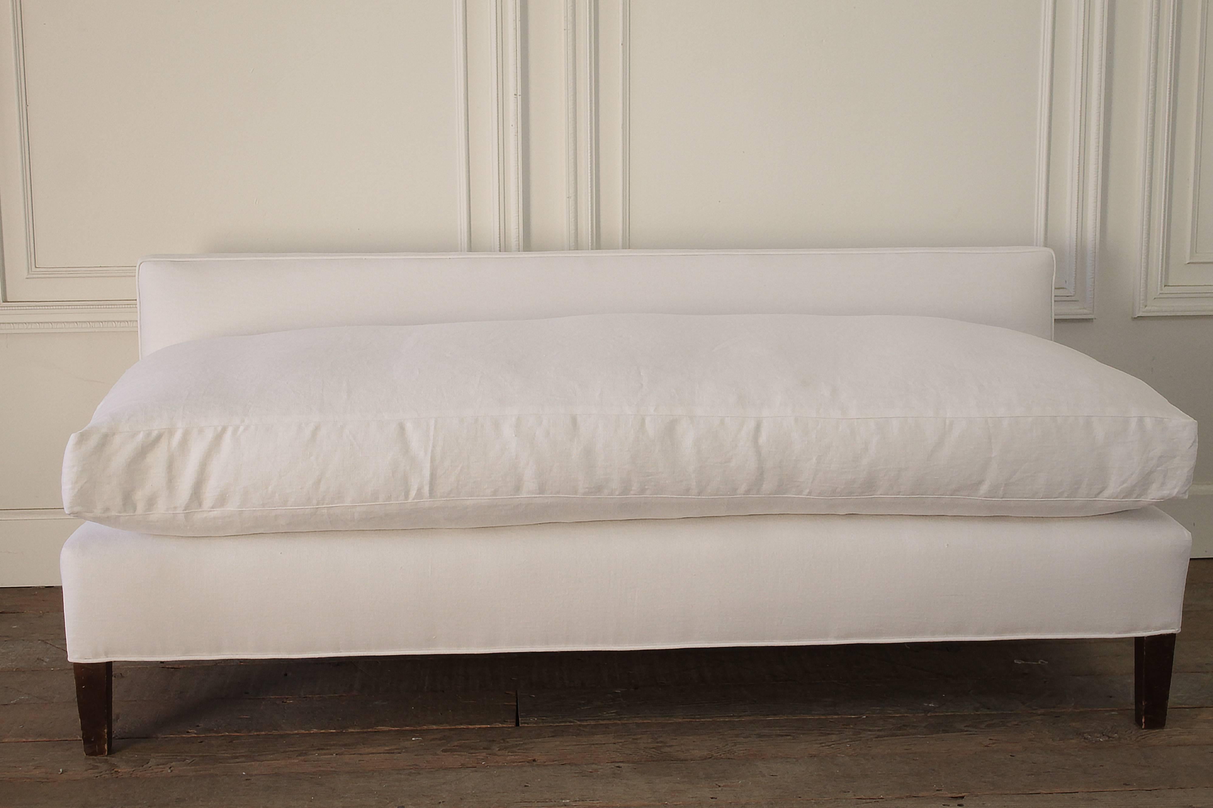 20th Century Mid-Century Modern White Linen Upholstered Bench with Down Cushion