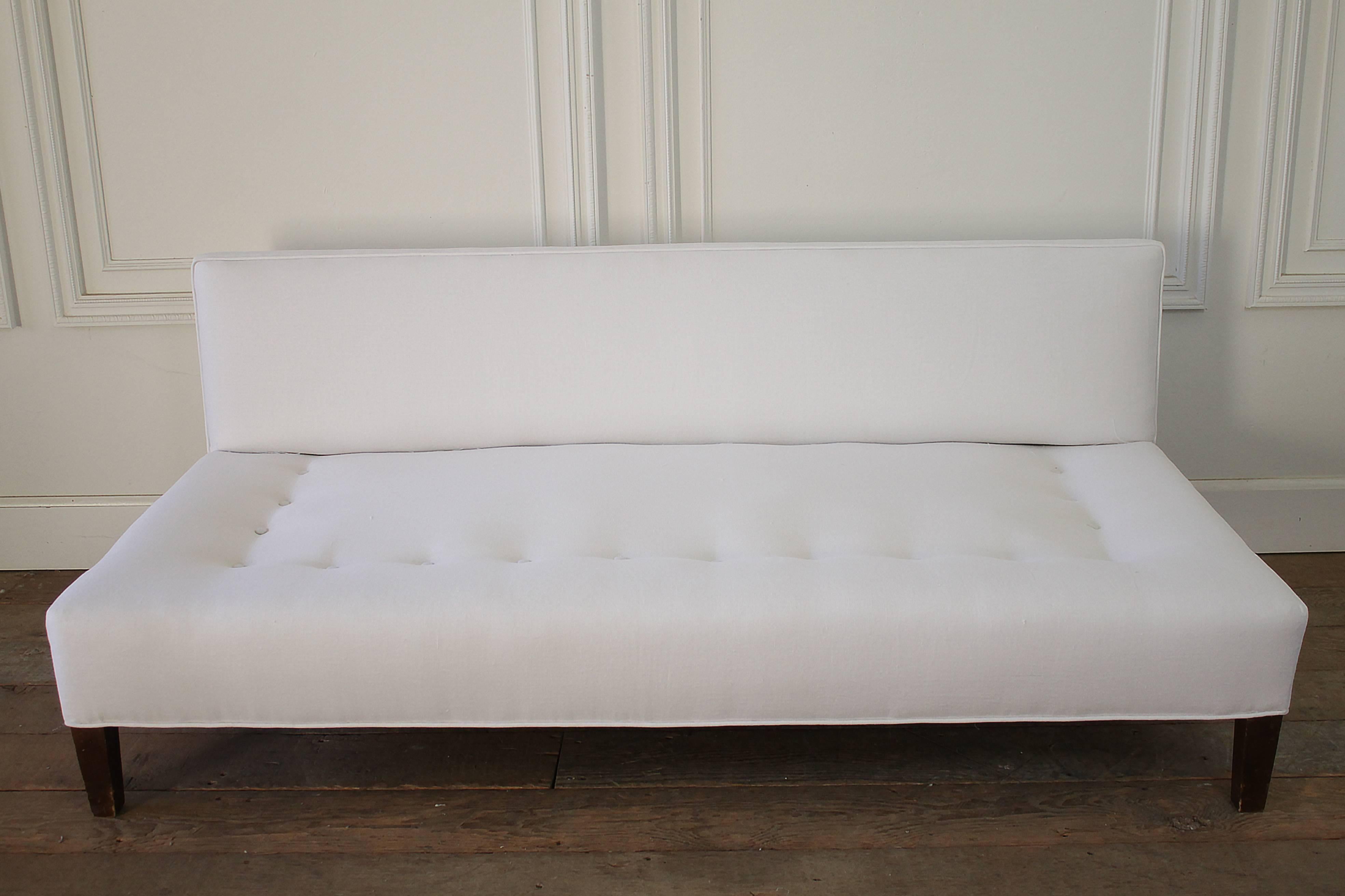 Mid-Century Modern White Linen Upholstered Bench with Down Cushion 2