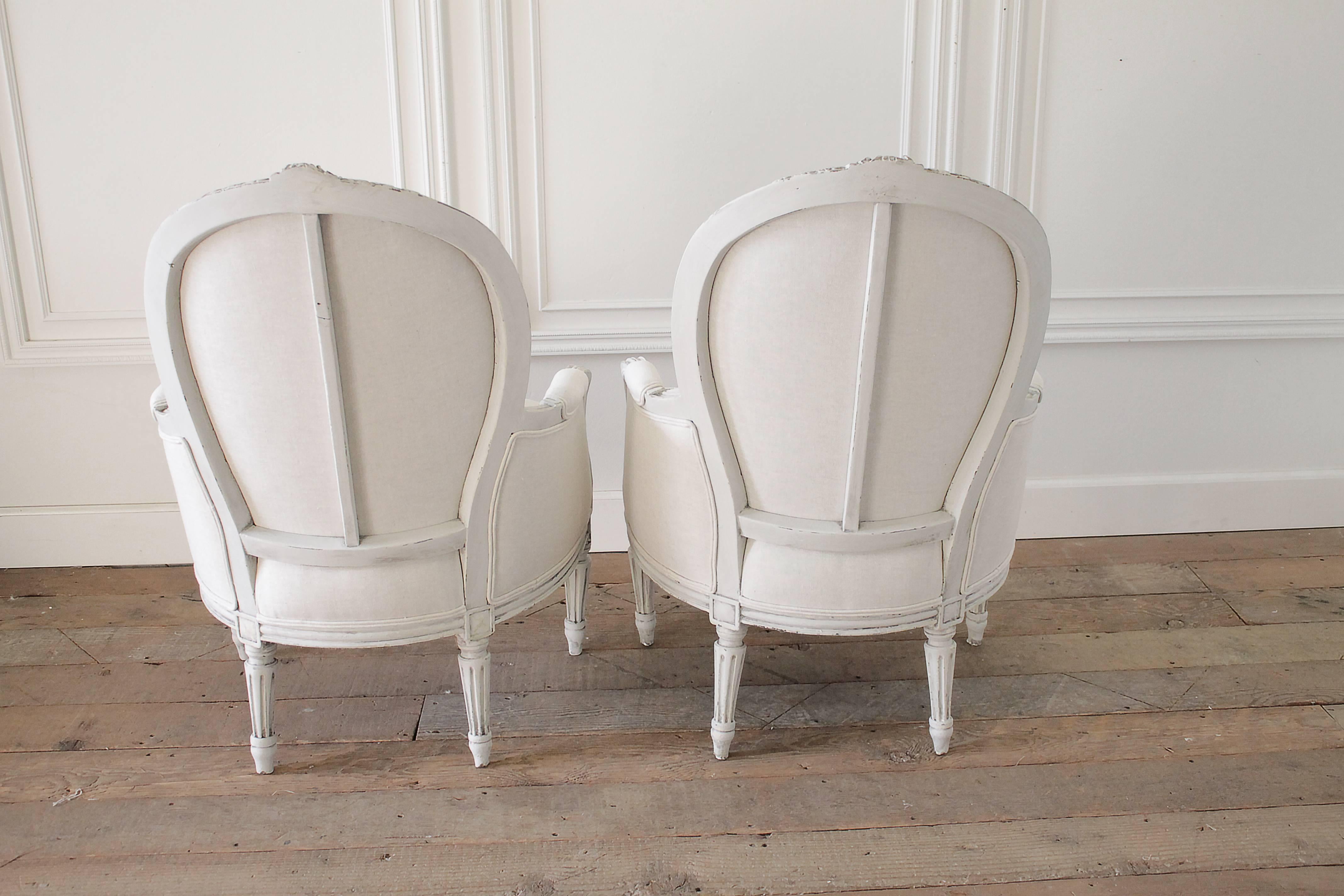 Pair of Painted and Upholstered Belgian Linen Louis XVI Style Bergere Chairs 1