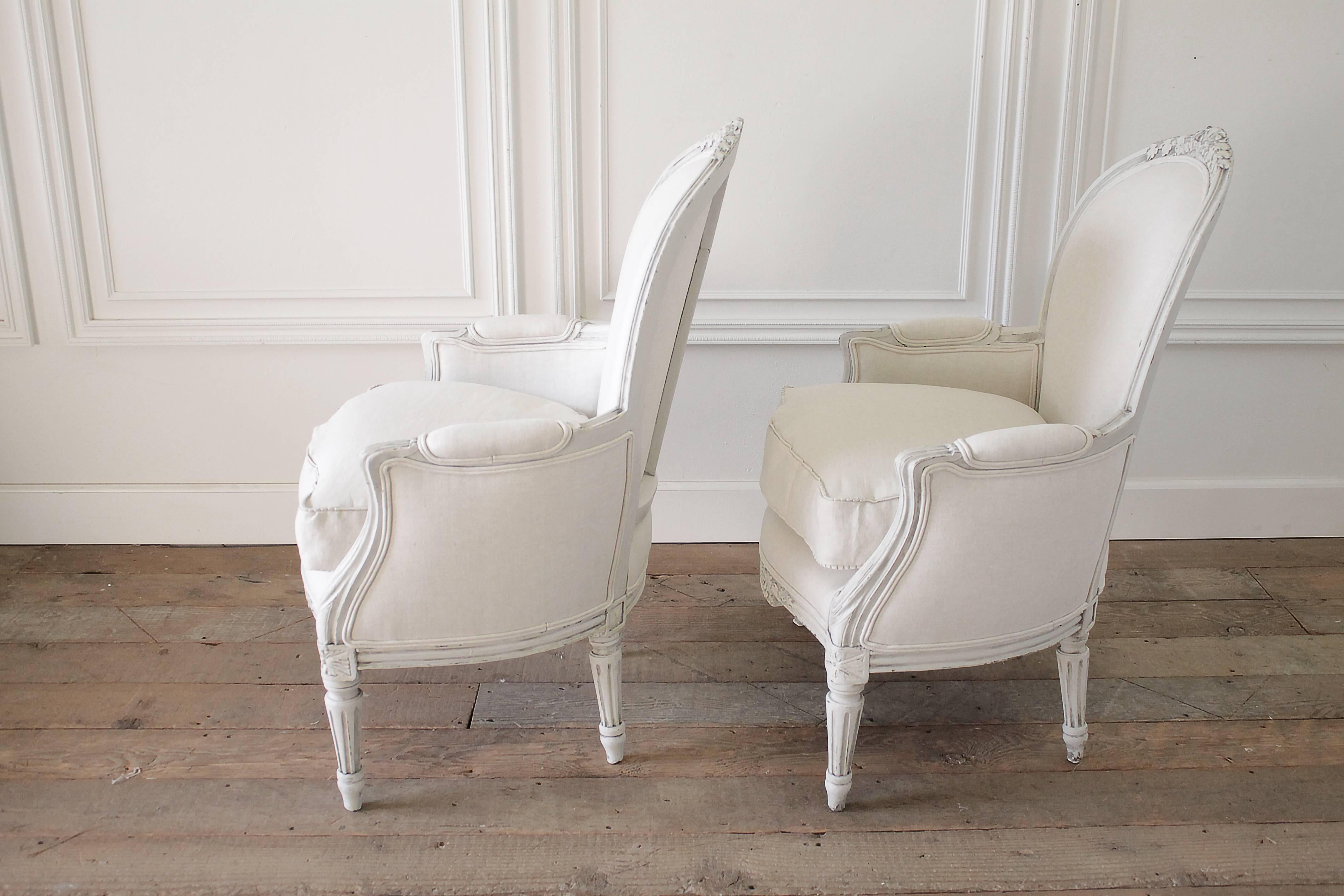 Pair of Painted and Upholstered Belgian Linen Louis XVI Style Bergere Chairs 2