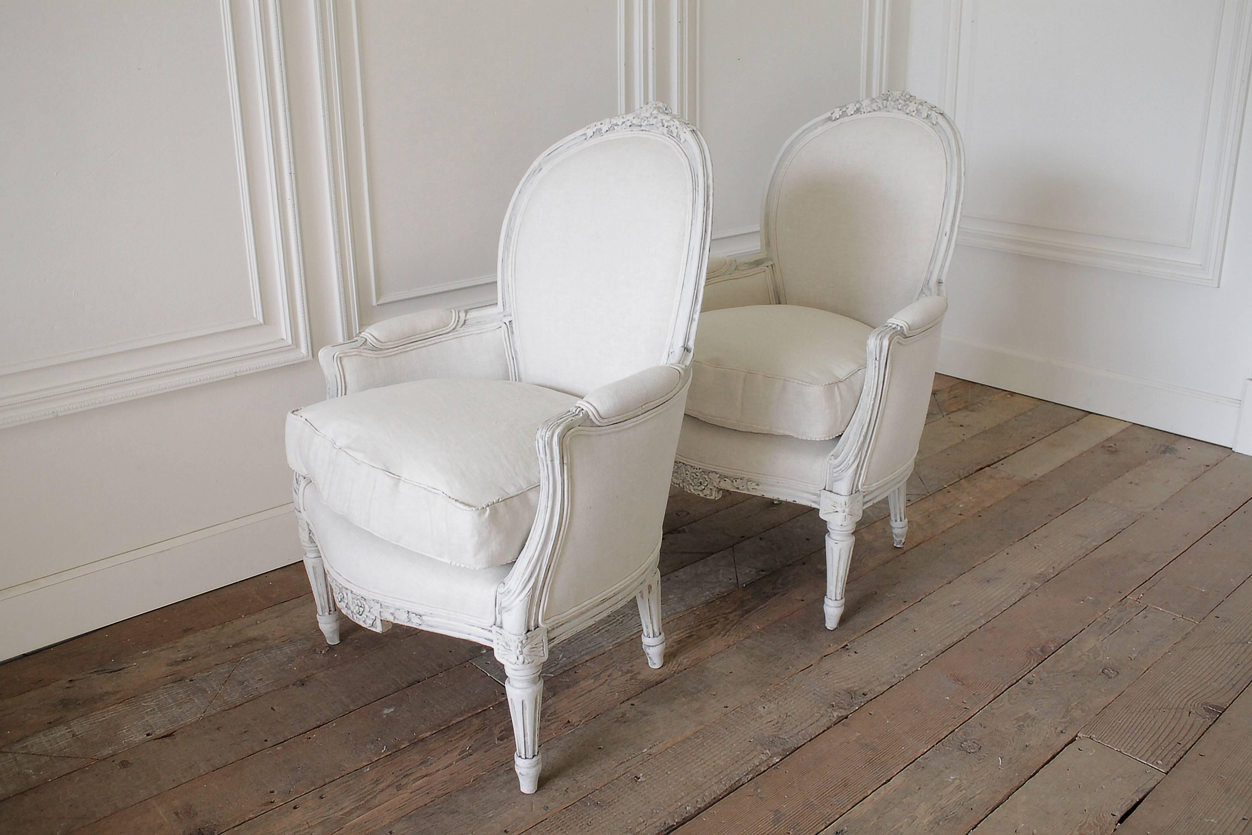 Pair of Painted and Upholstered Belgian Linen Louis XVI Style Bergere Chairs 3