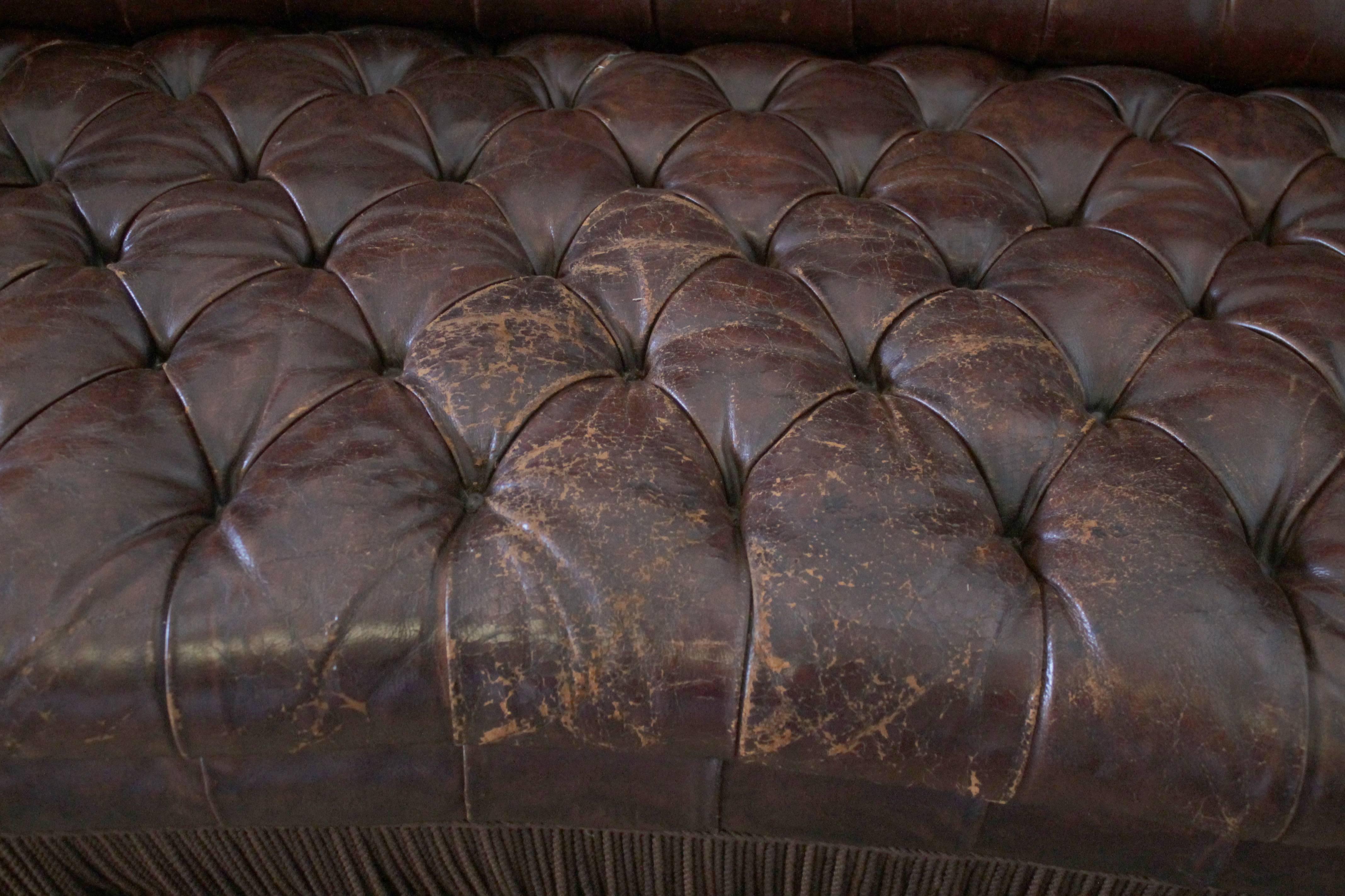Vintage Rich Brown Leather Chesterfield Sofa with Bullion Trim In Good Condition In Brea, CA