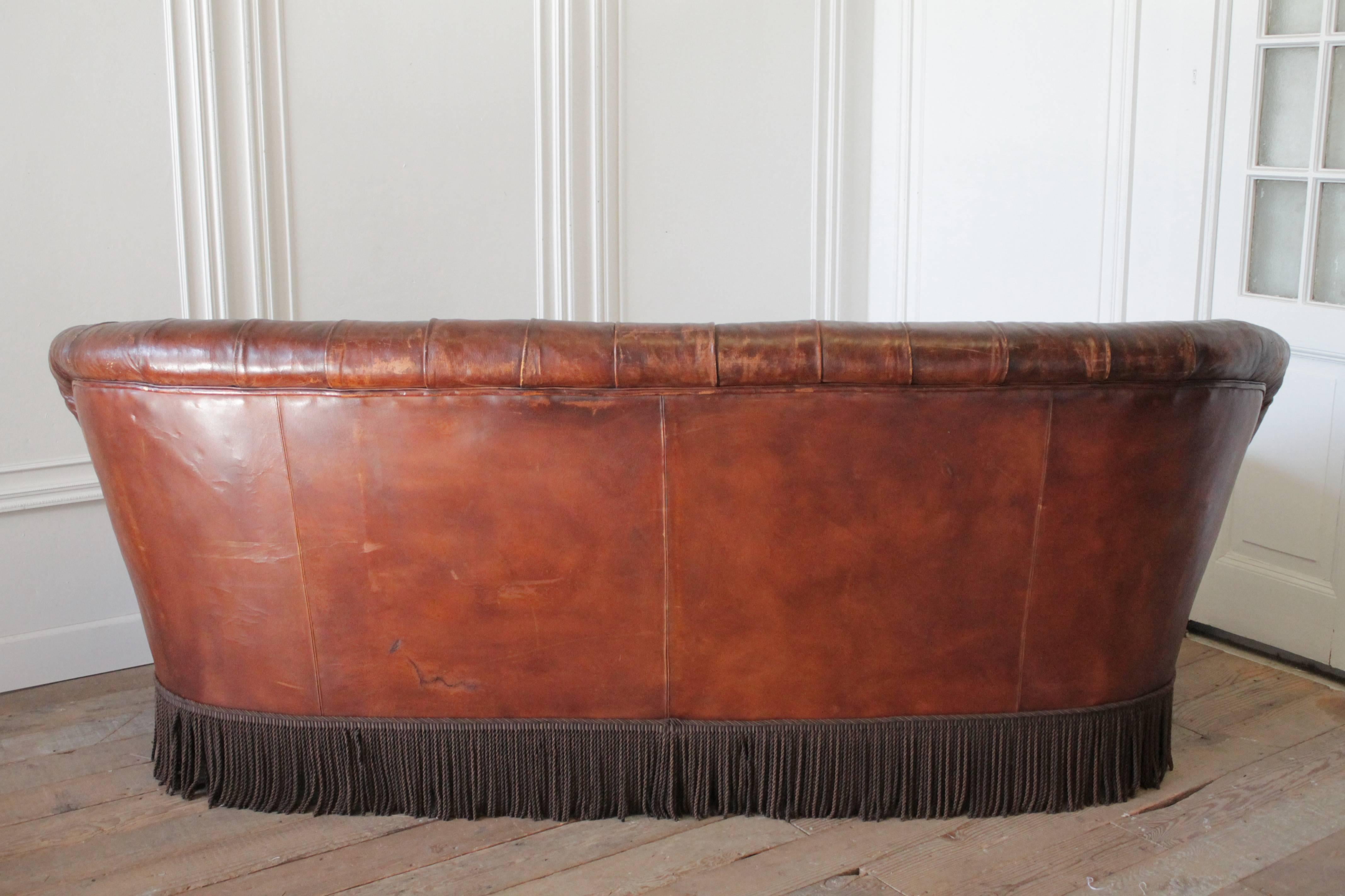 Vintage Rich Brown Leather Chesterfield Sofa with Bullion Trim 2