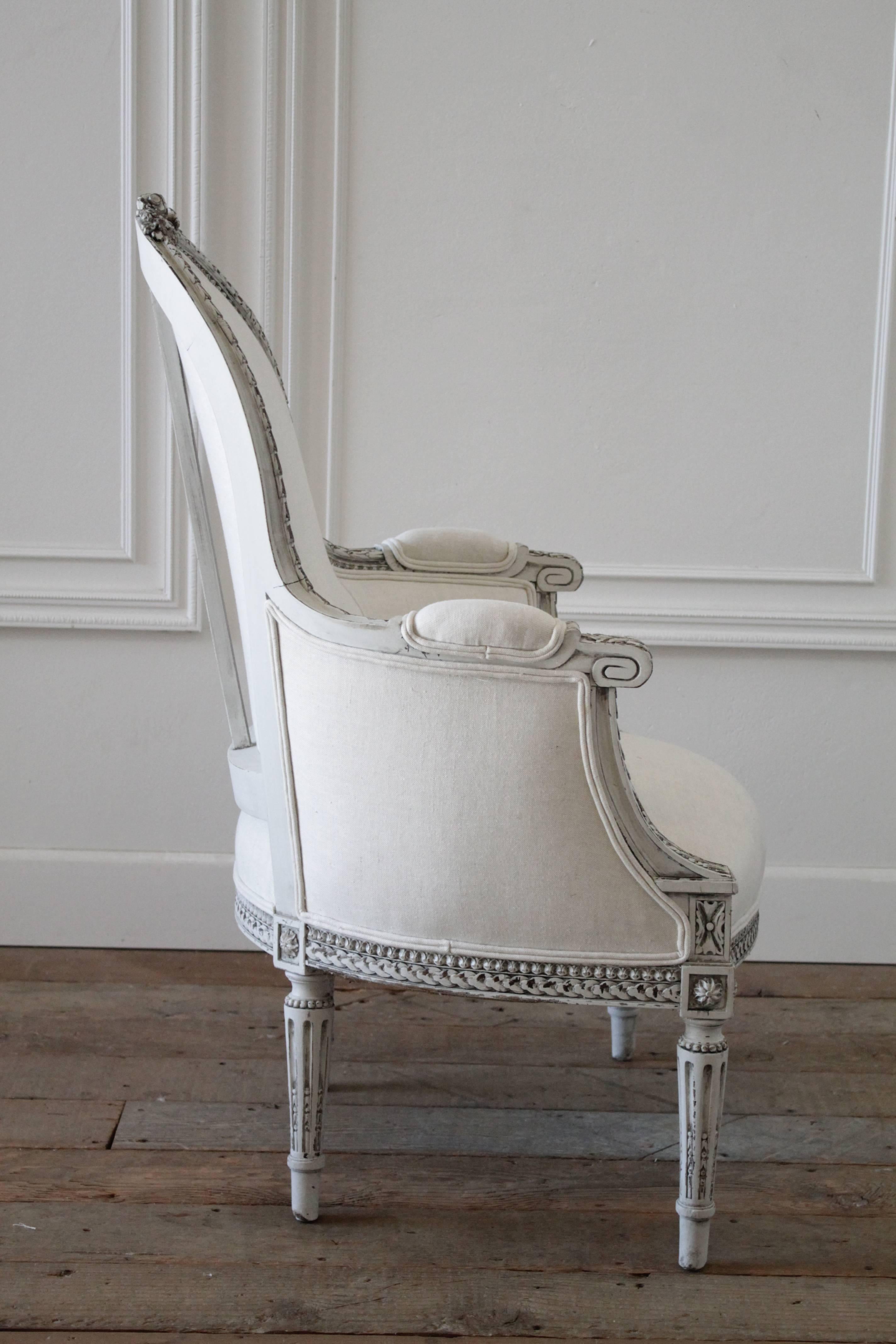 19th Century Painted and Carved French Louis XVI Bergere Chair in Organic Linen In Excellent Condition In Brea, CA