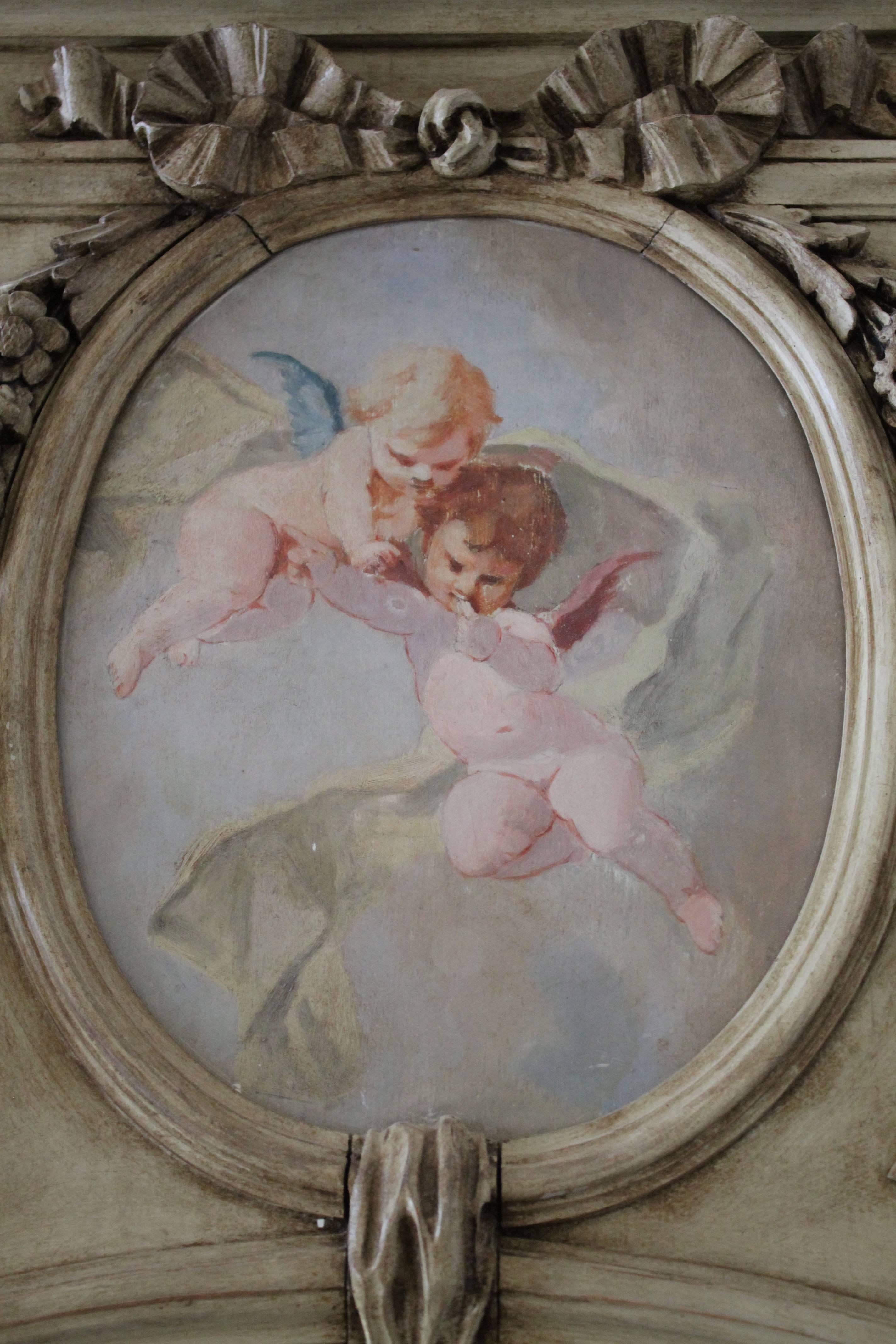 French Large Painted Cherub and Carved Rose Swags Trumeau Mirror