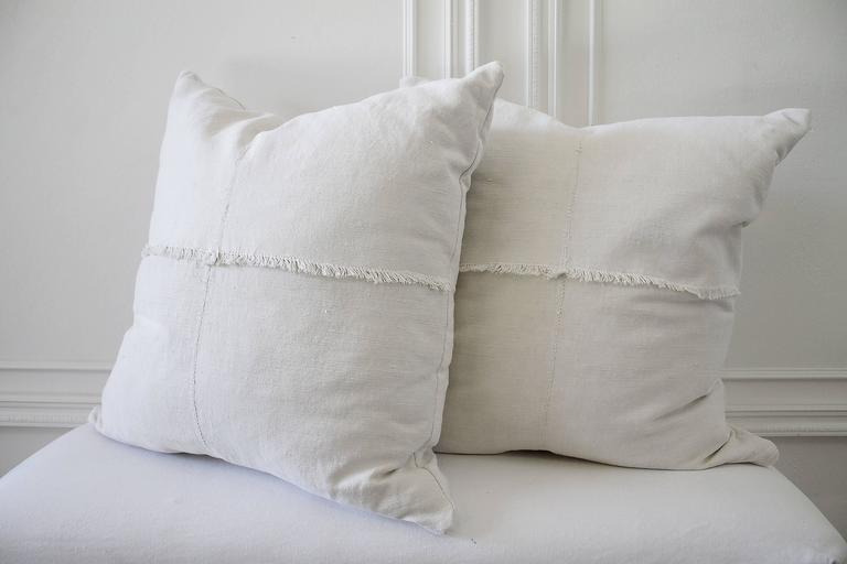 Pair of Soft White Vintage French Linen Fringe Pillows at 1stDibs