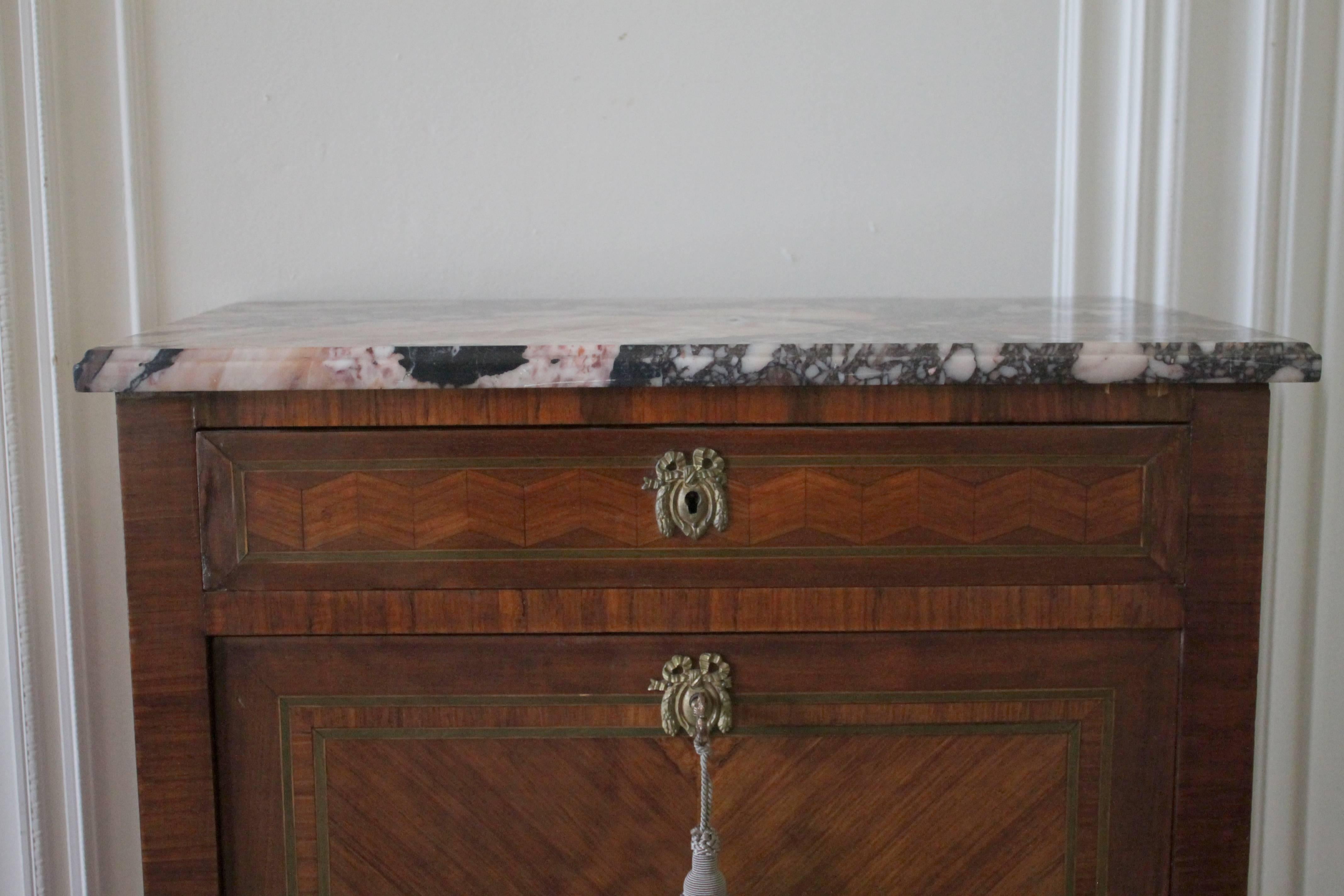 Louis XVI 19th Century French Marble-Top Abattant Secretaire with Brass Hardware