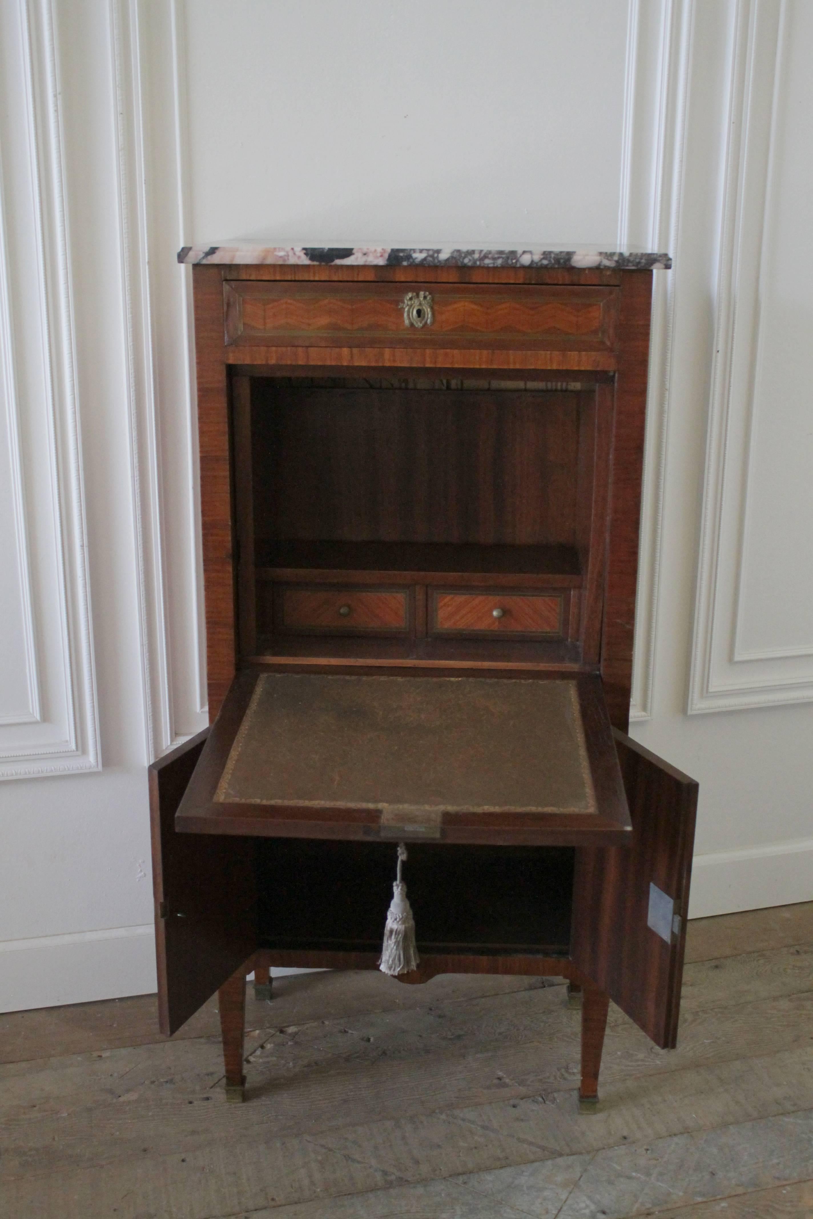 19th Century French Marble-Top Abattant Secretaire with Brass Hardware 1