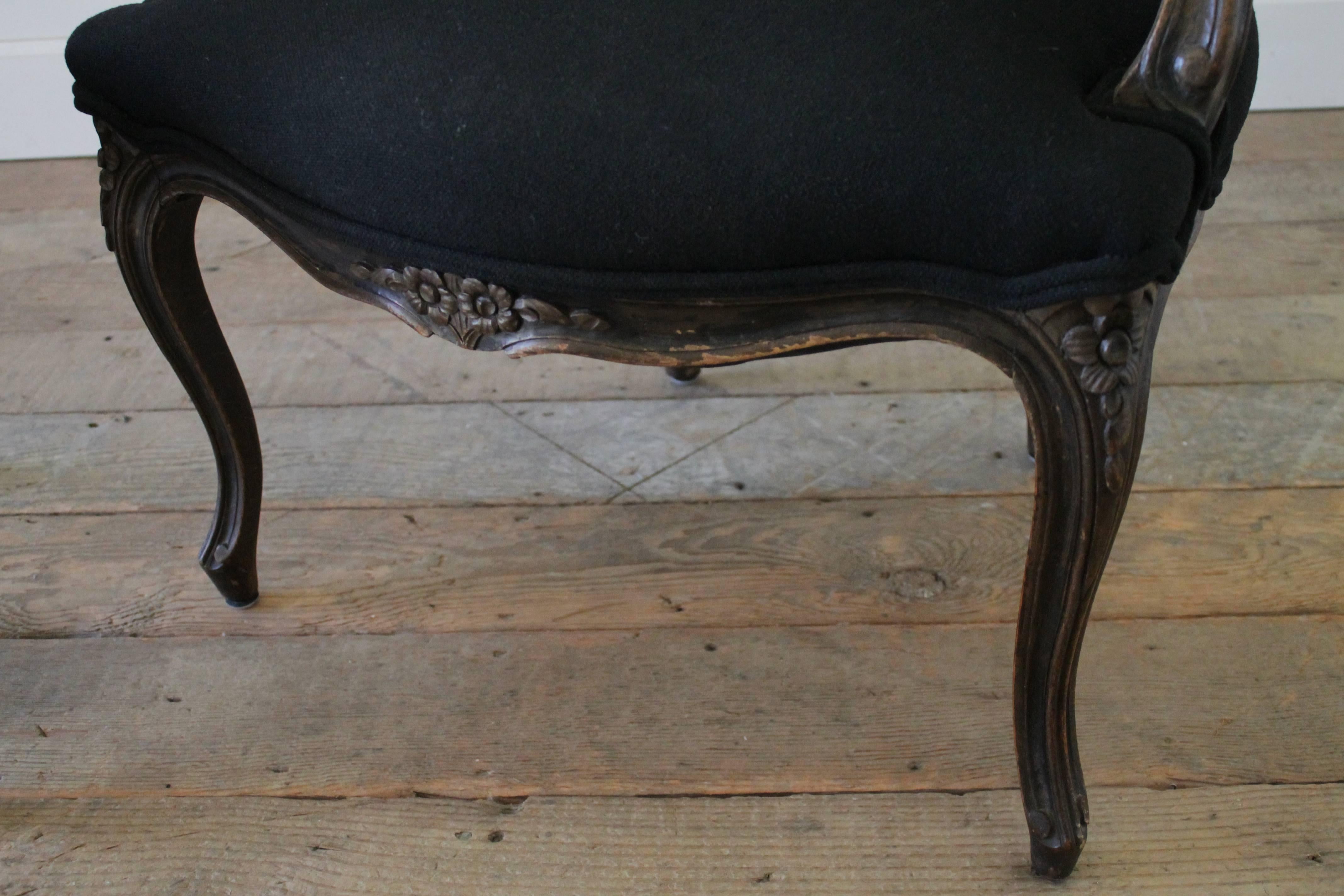 French Pair of Walnut Fauteuils Louis XV Style Upholstered in Black Linen