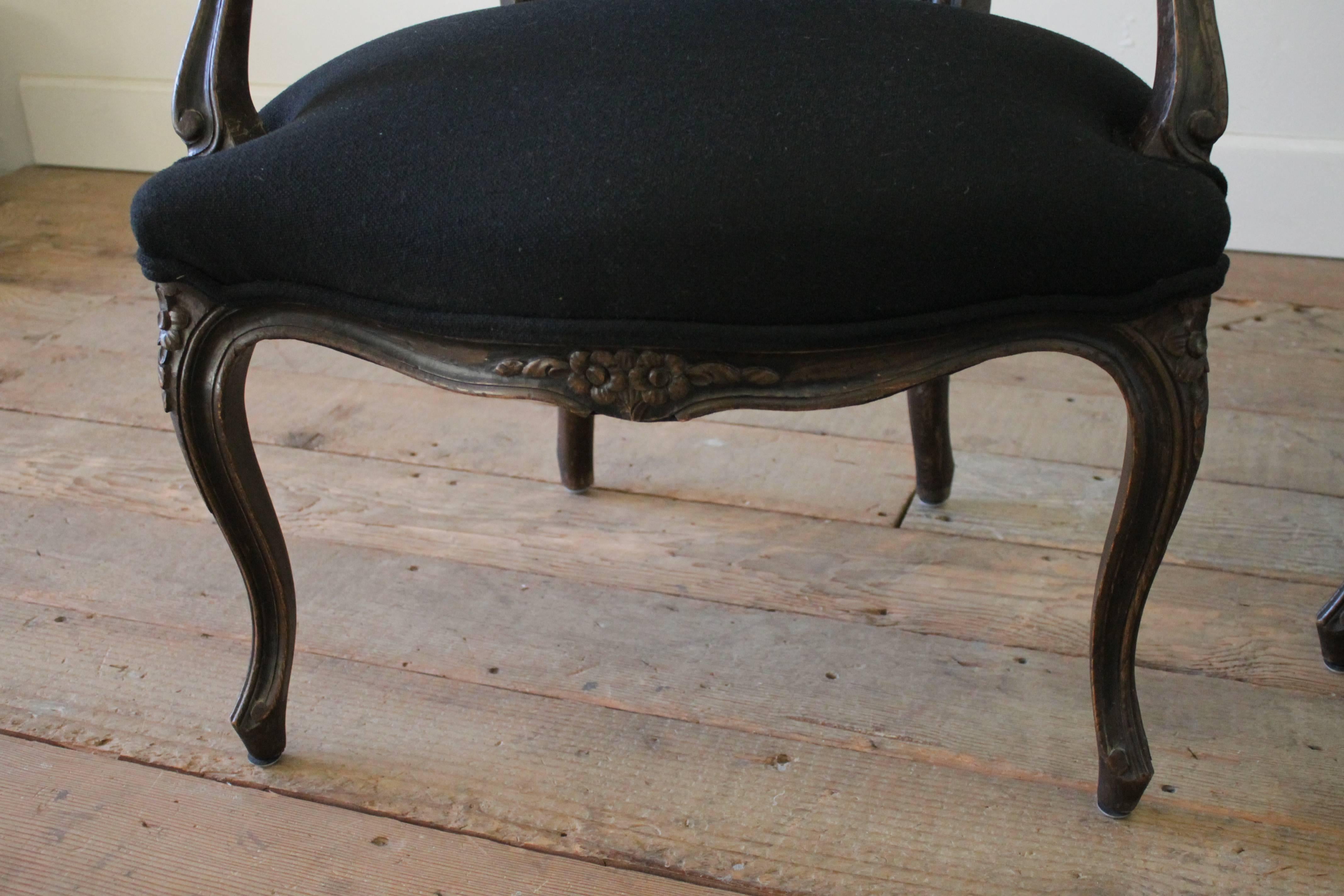 Carved Pair of Walnut Fauteuils Louis XV Style Upholstered in Black Linen