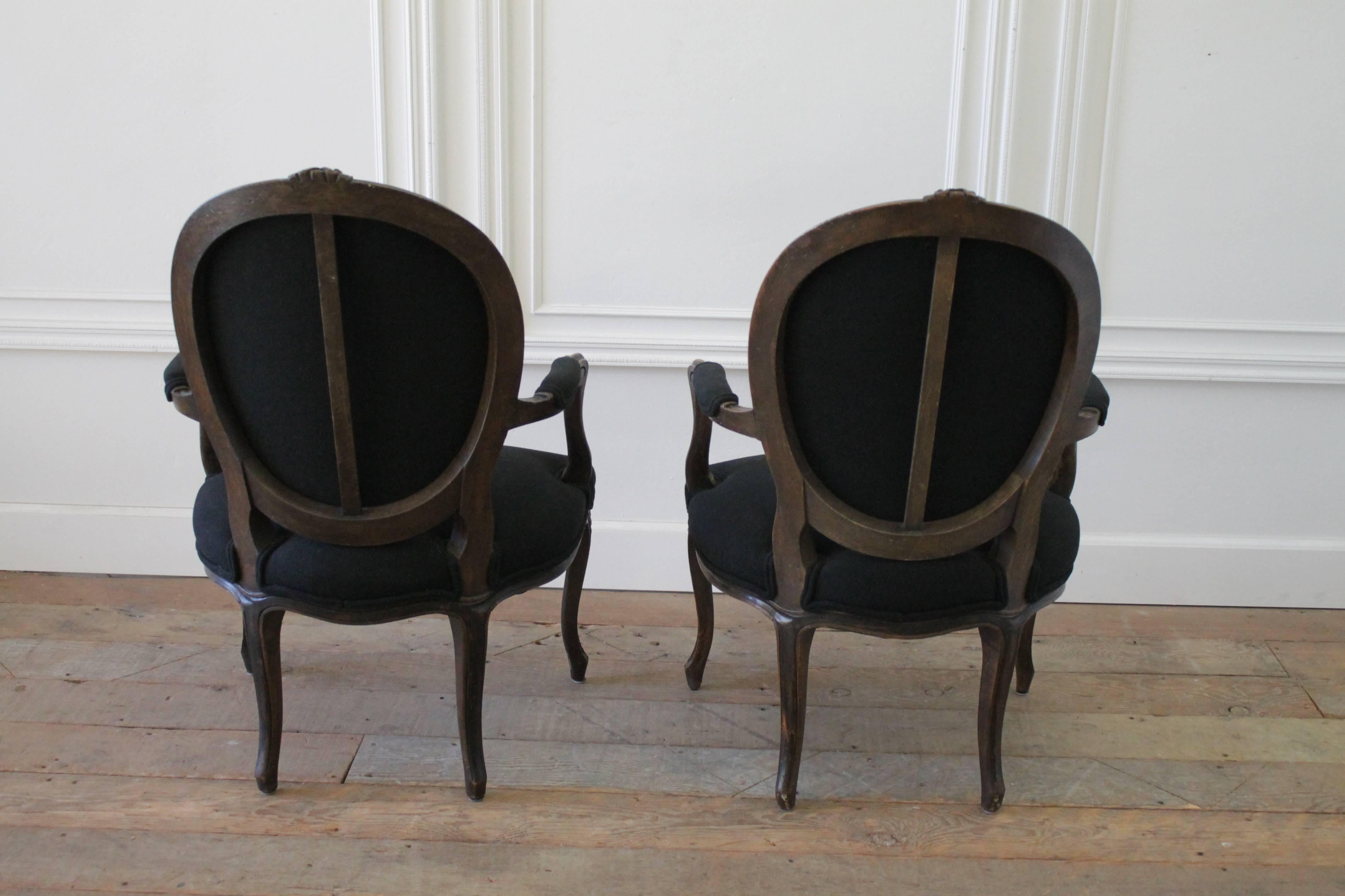 20th Century Pair of Walnut Fauteuils Louis XV Style Upholstered in Black Linen
