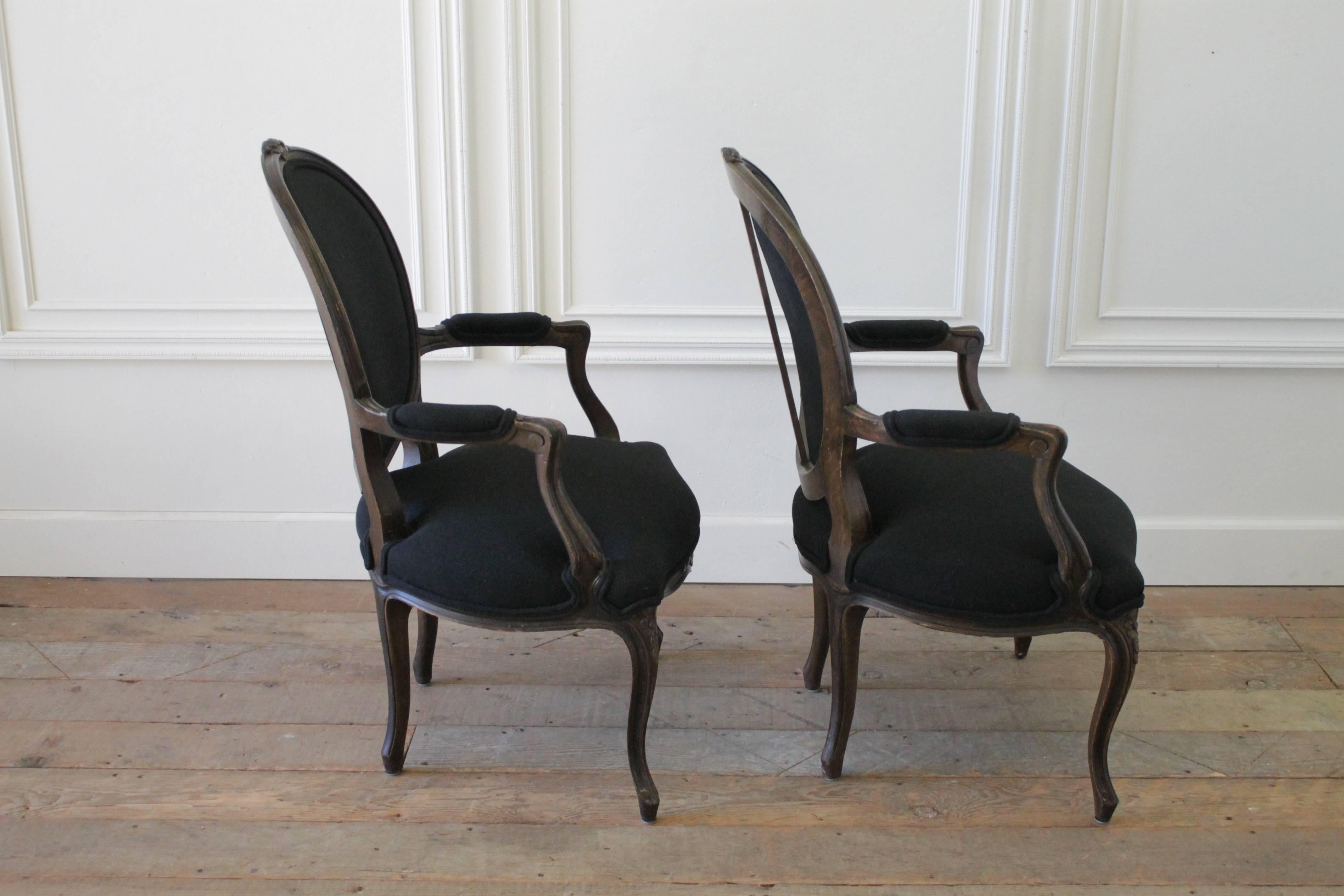 Pair of Walnut Fauteuils Louis XV Style Upholstered in Black Linen 1