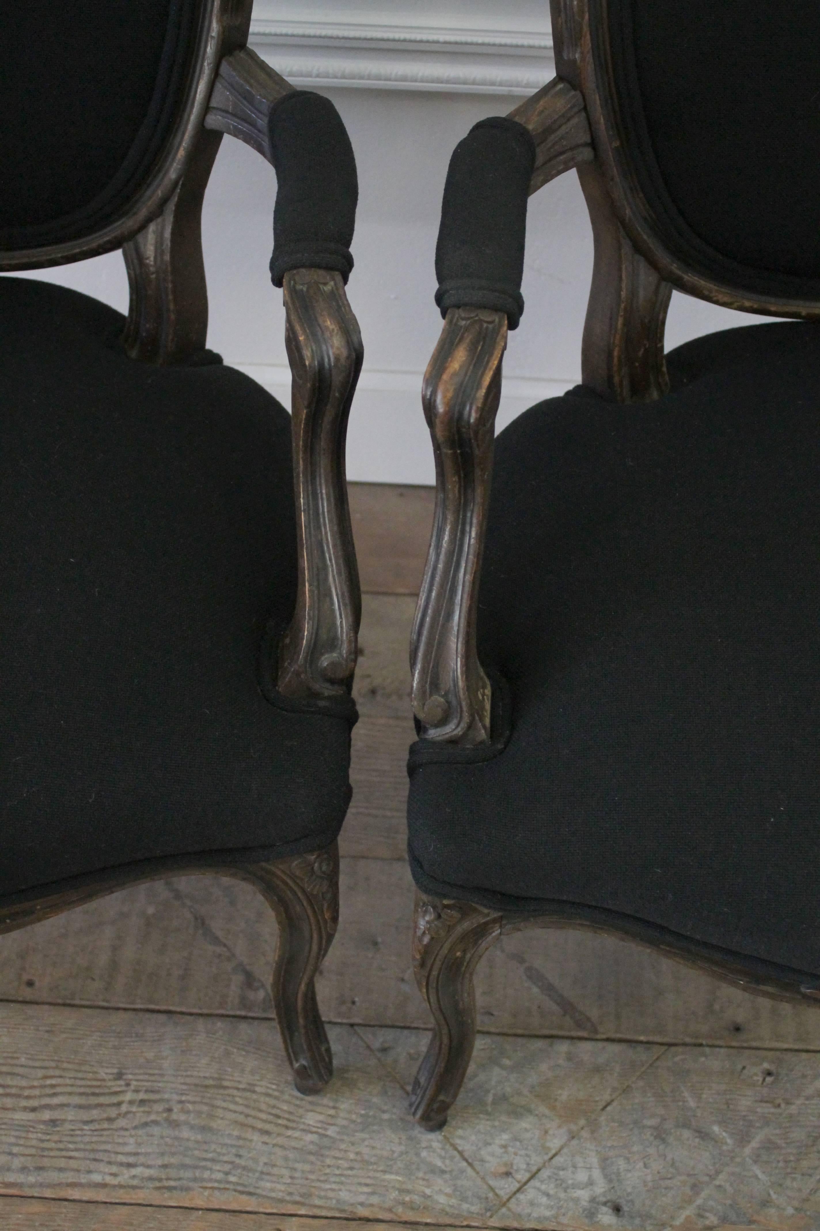 Pair of Walnut Fauteuils Louis XV Style Upholstered in Black Linen 2