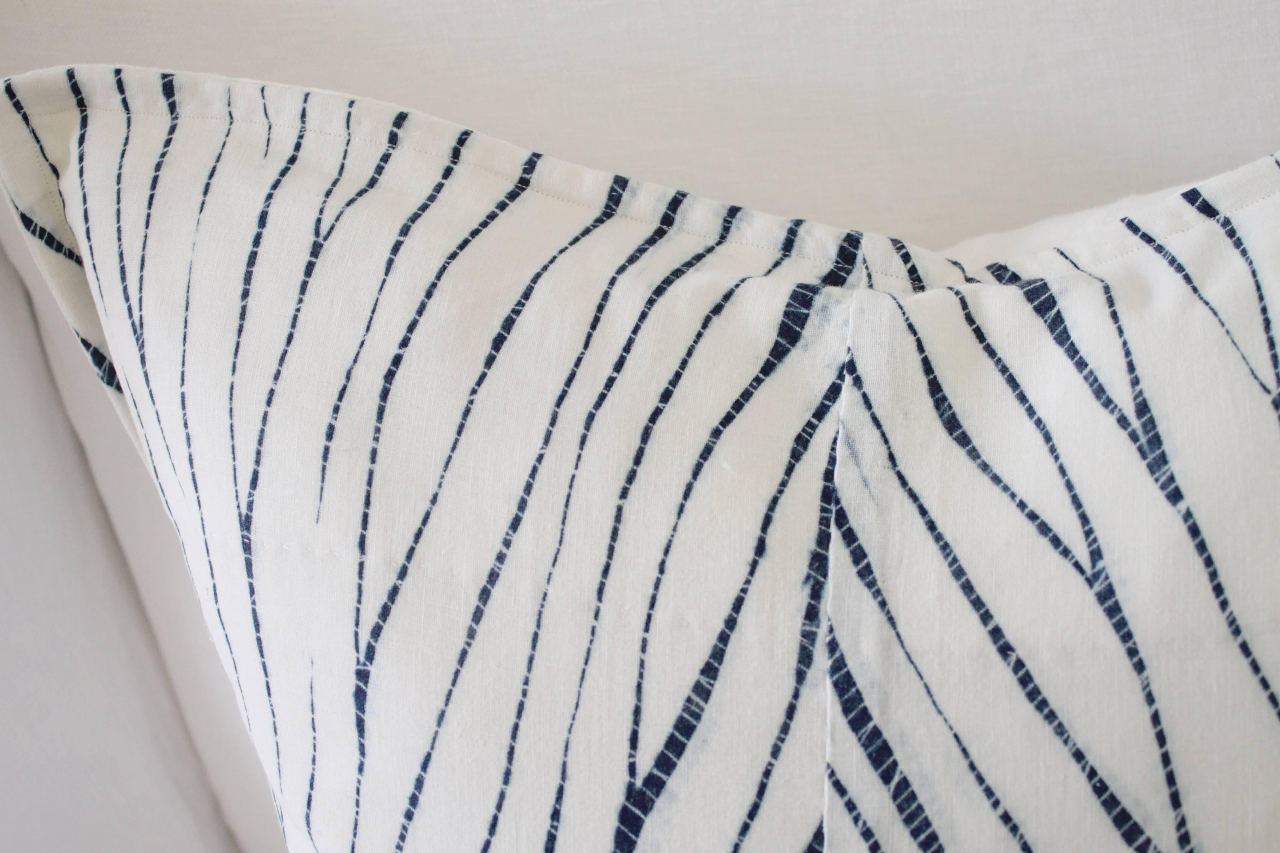 Vintage Shibori Dyed Textile Pillow with White Linen 2