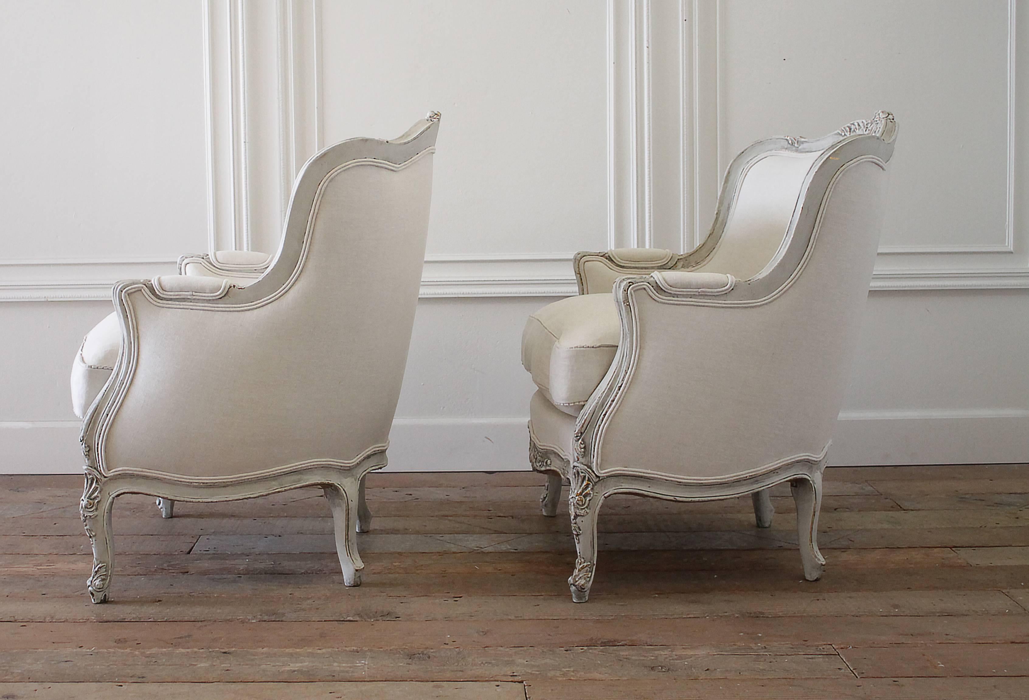 Pair of 19th Century Painted and Upholstered Louis XV Style Bergere Chairs 3