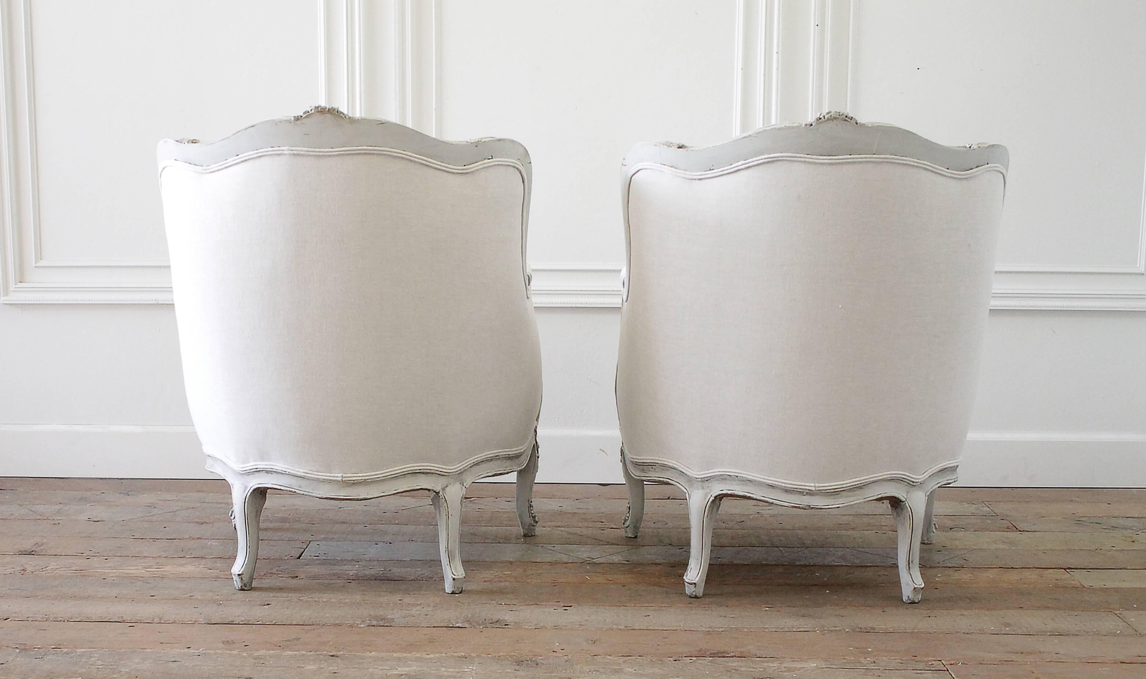 Pair of 19th Century Painted and Upholstered Louis XV Style Bergere Chairs 4