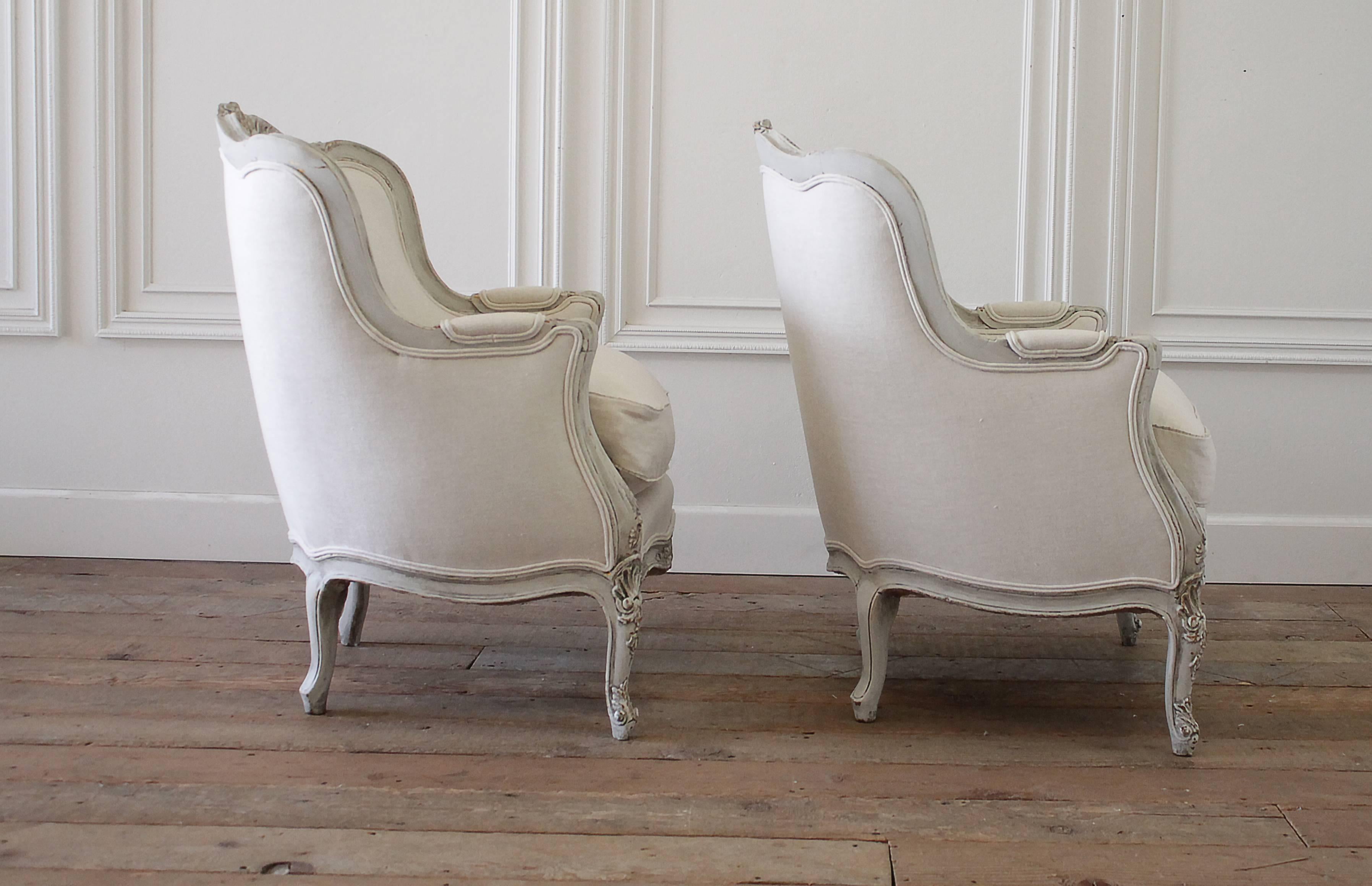 Pair of 19th Century Painted and Upholstered Louis XV Style Bergere Chairs 5