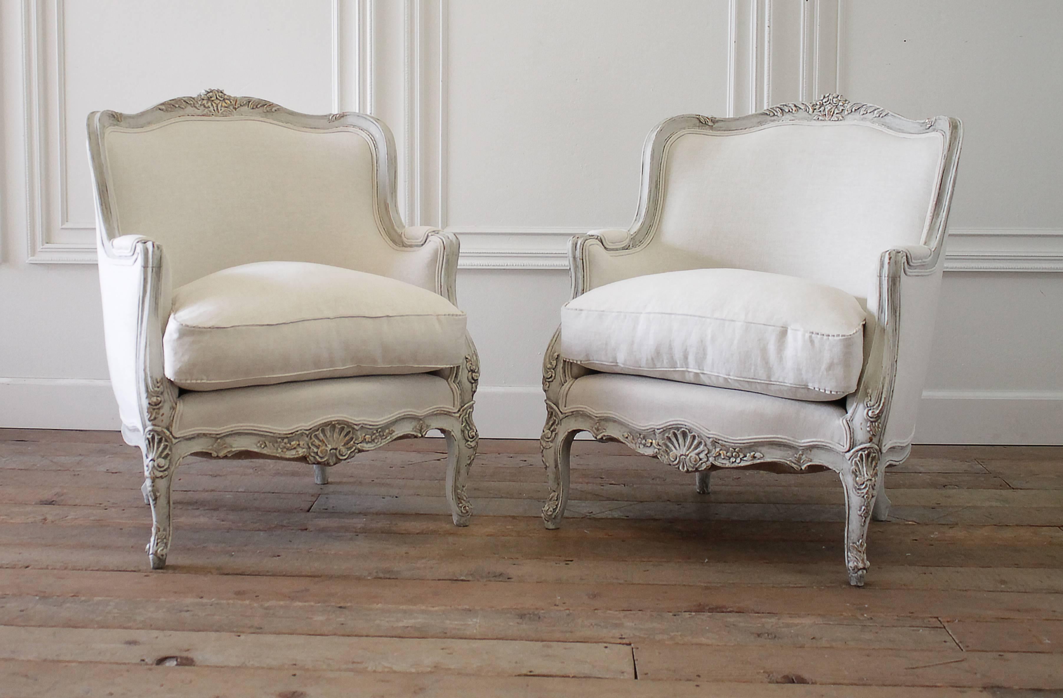 Pair of 19th Century Painted and Upholstered Louis XV Style Bergere Chairs 6