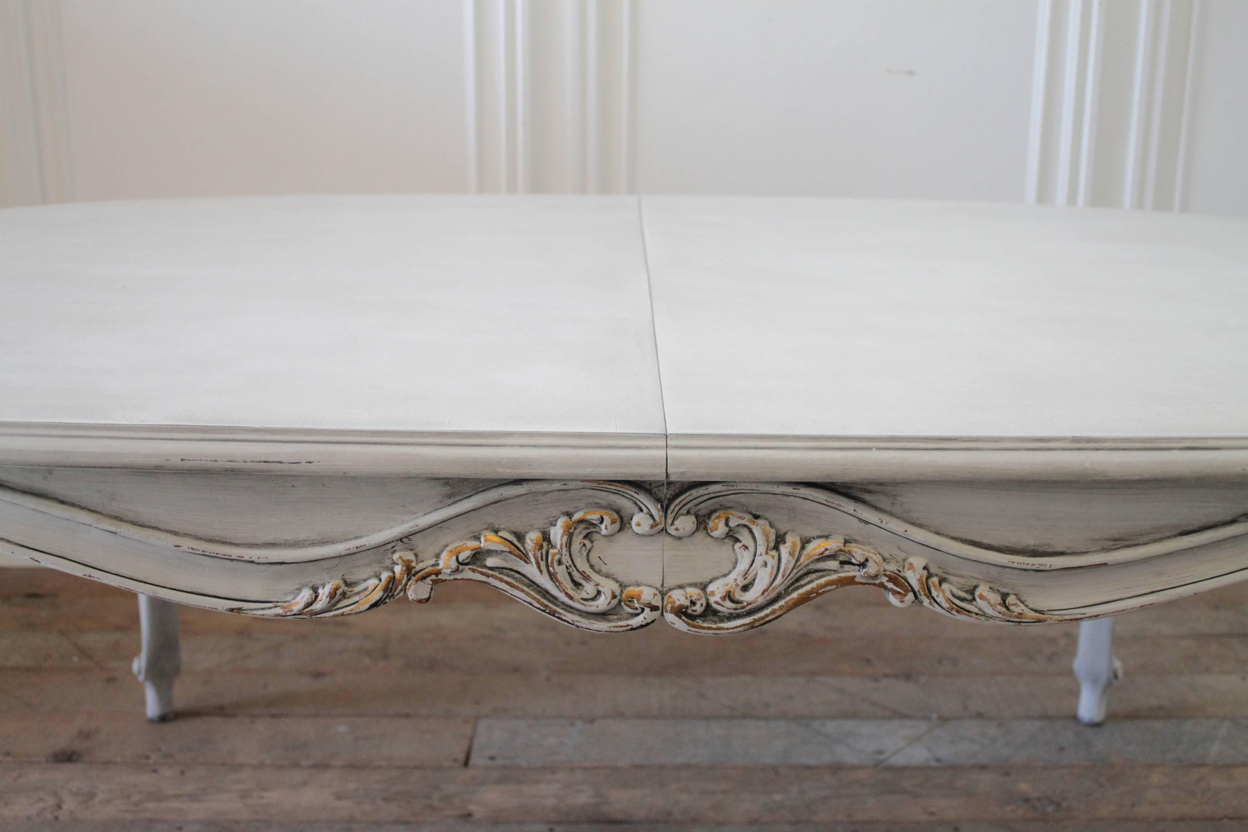 Large Karges Louis XV Style Dining Table with Three Leaves in Painted Finish In Distressed Condition In Brea, CA