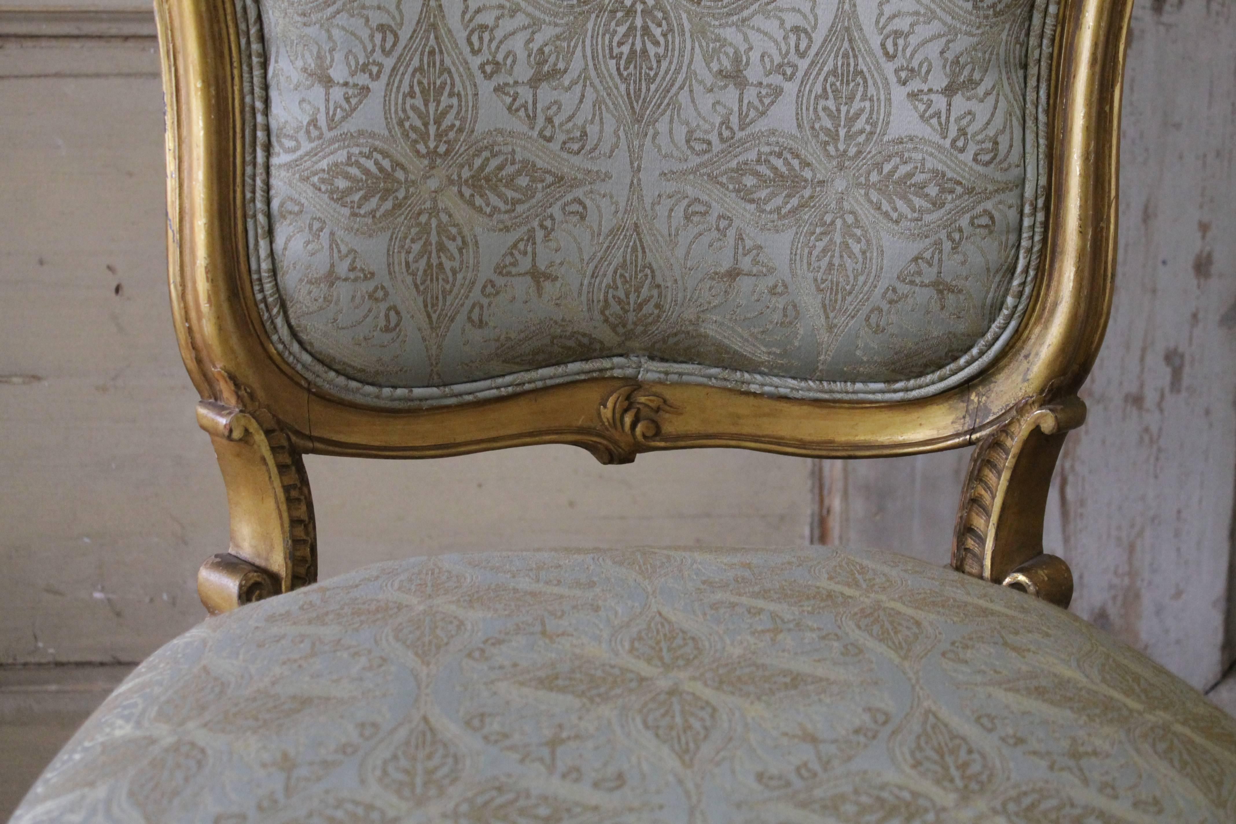 Rococo Pair of 19th Century Louis XV Carved and Upholstered Giltwood Chairs
