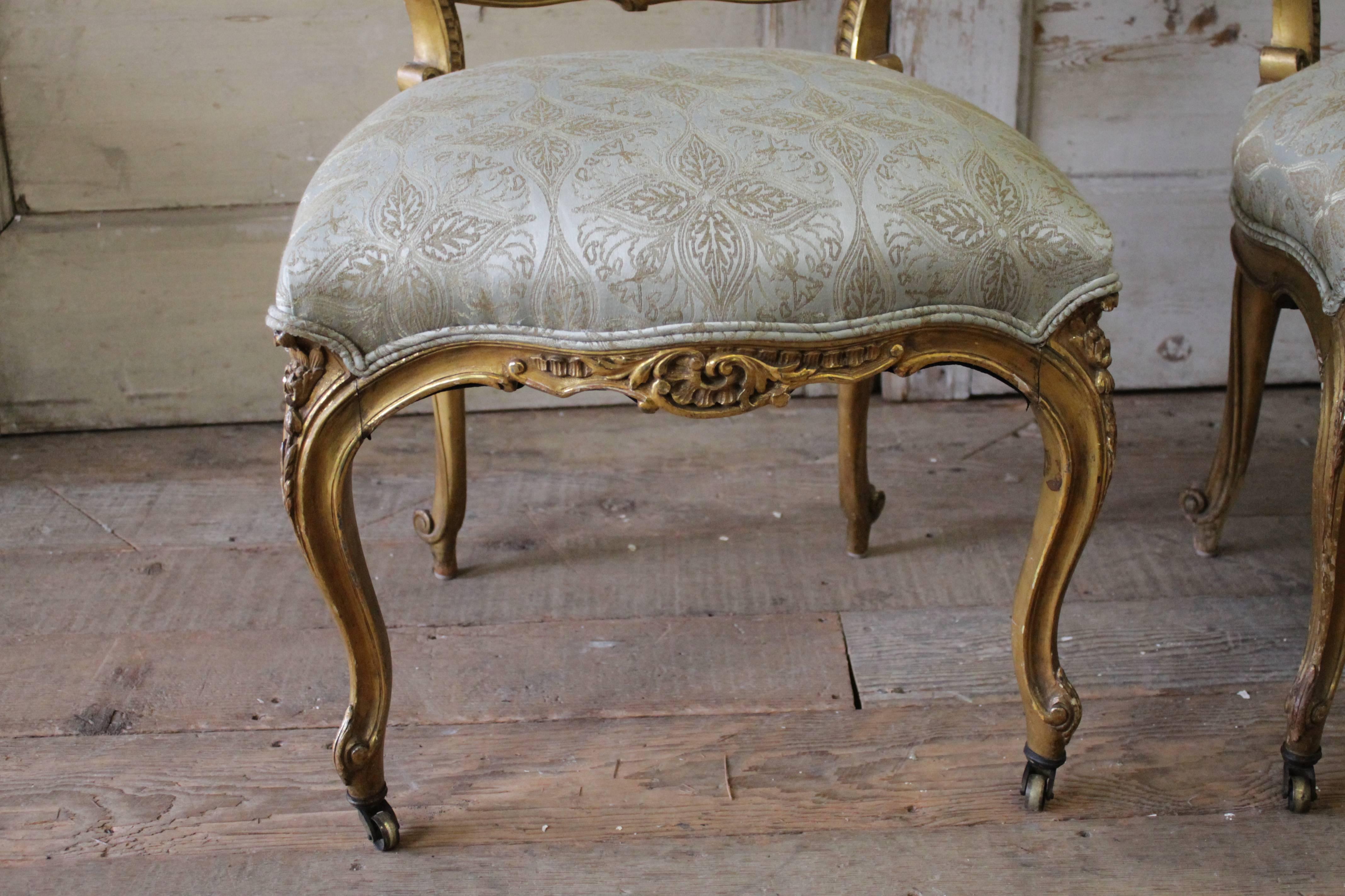 French Pair of 19th Century Louis XV Carved and Upholstered Giltwood Chairs