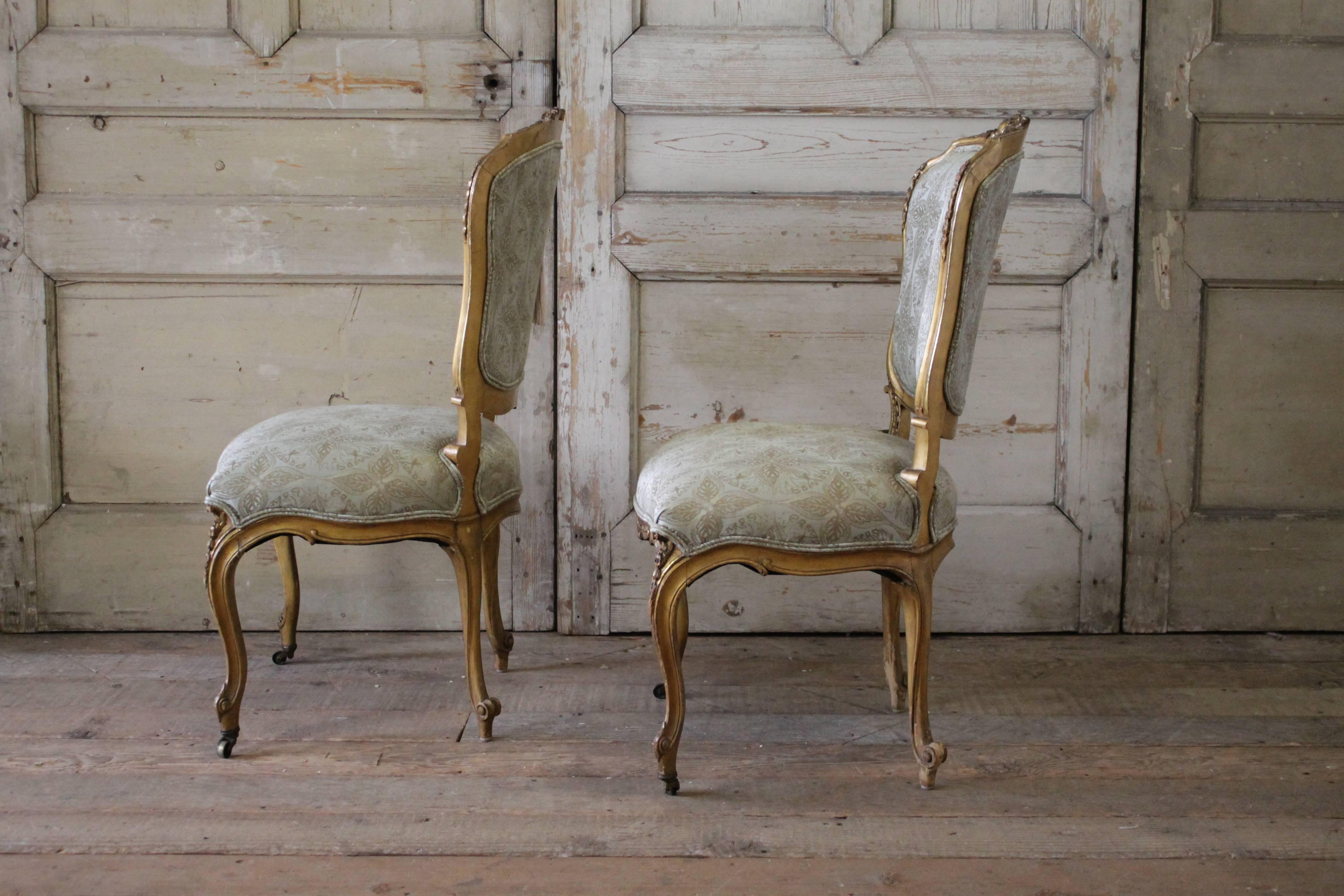 Pair of 19th Century Louis XV Carved and Upholstered Giltwood Chairs In Good Condition In Brea, CA