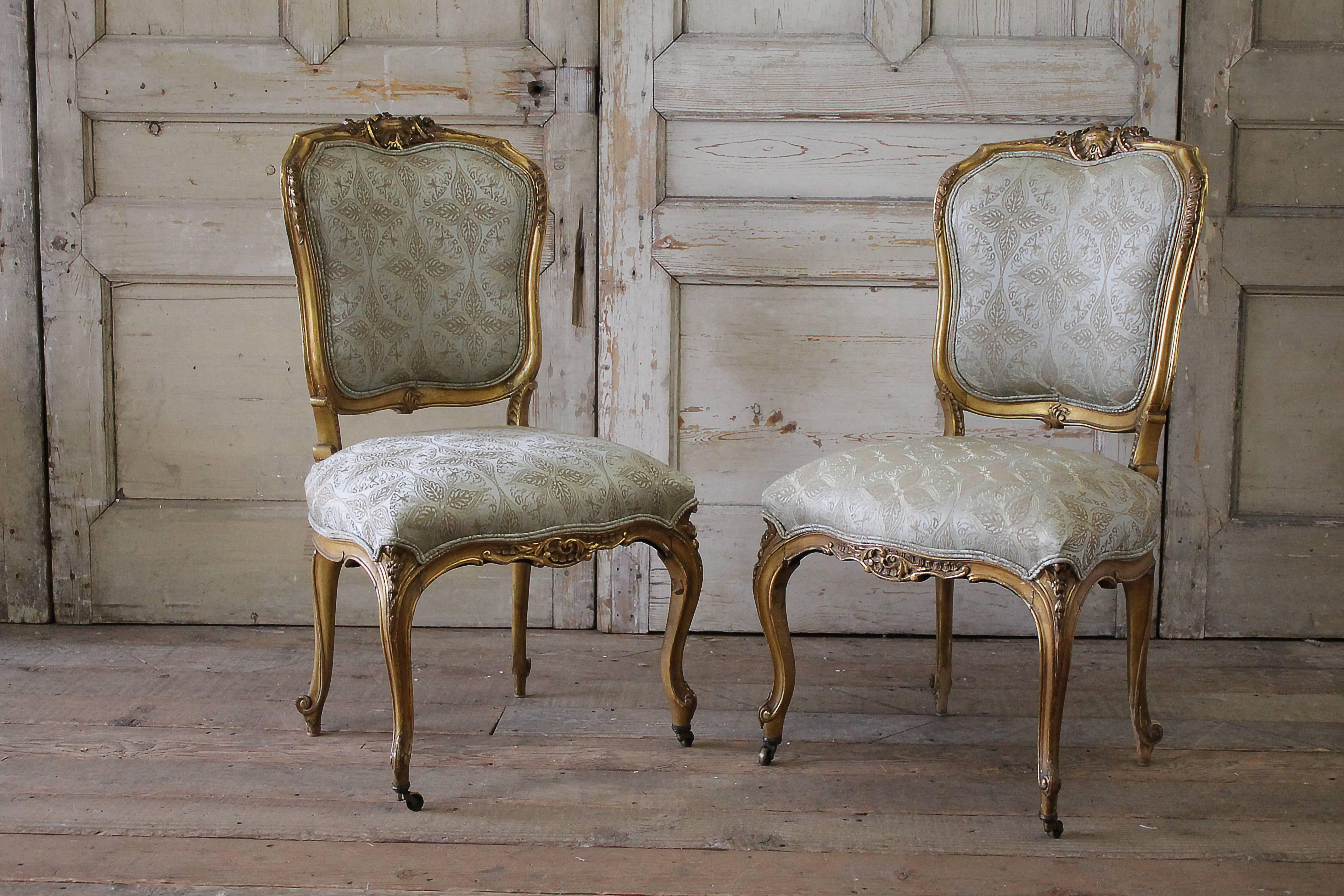 Pair of 19th Century Louis XV Carved and Upholstered Giltwood Chairs 1