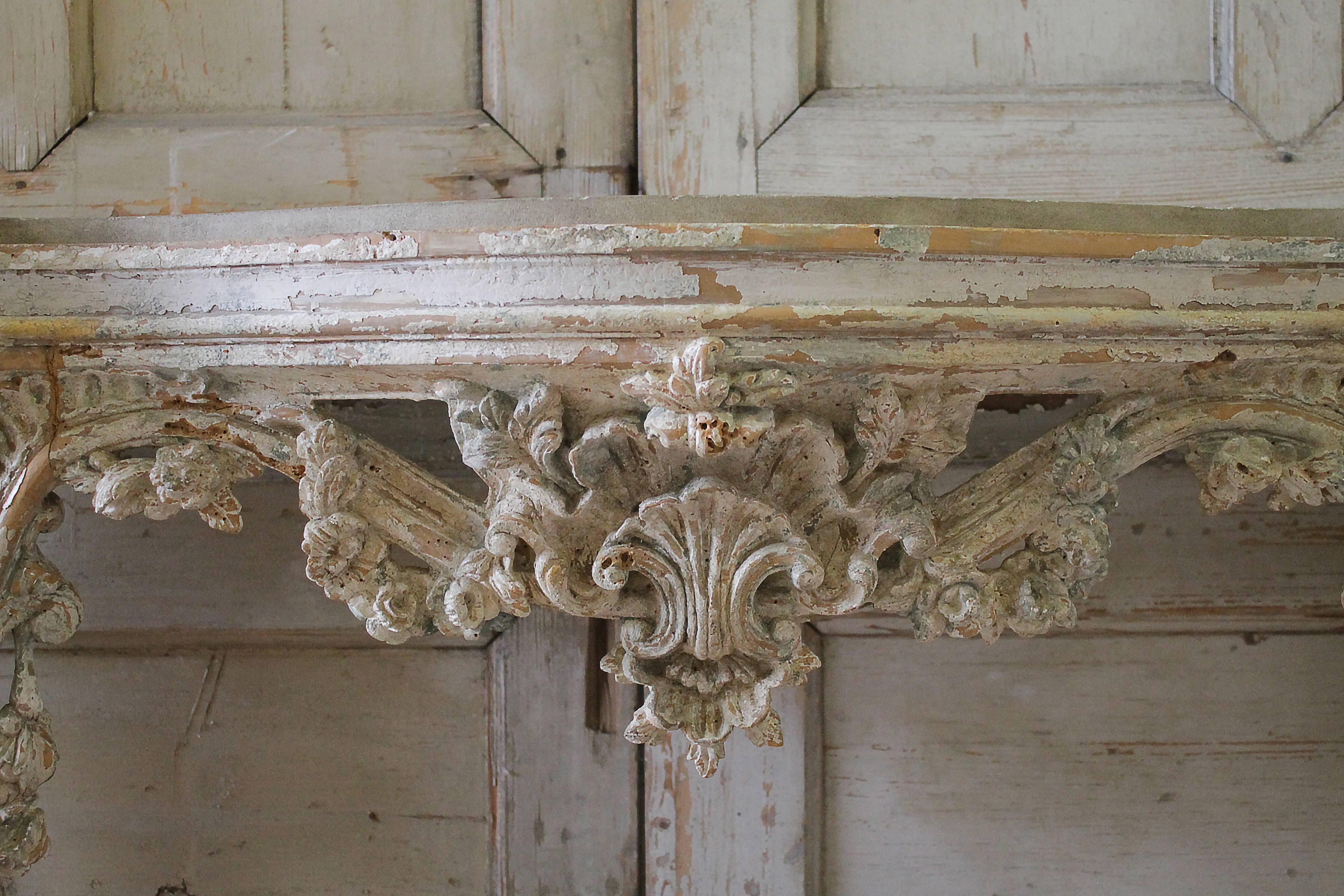 Early 19th Century Louis XV Style French Patinated Freestanding Console In Distressed Condition In Brea, CA