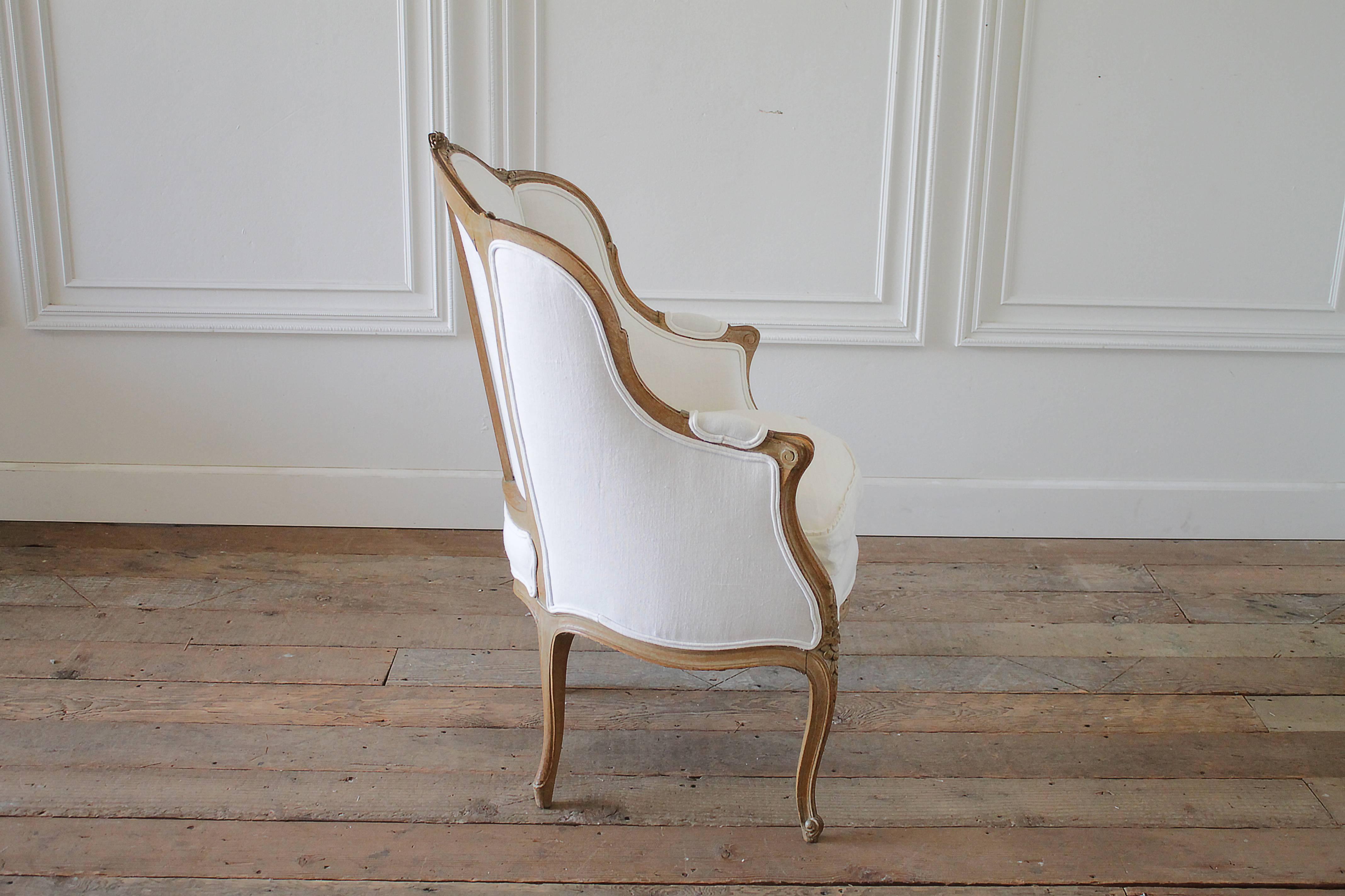 Carved Antique French Louis XV Style Wingback Chair in White Linen
