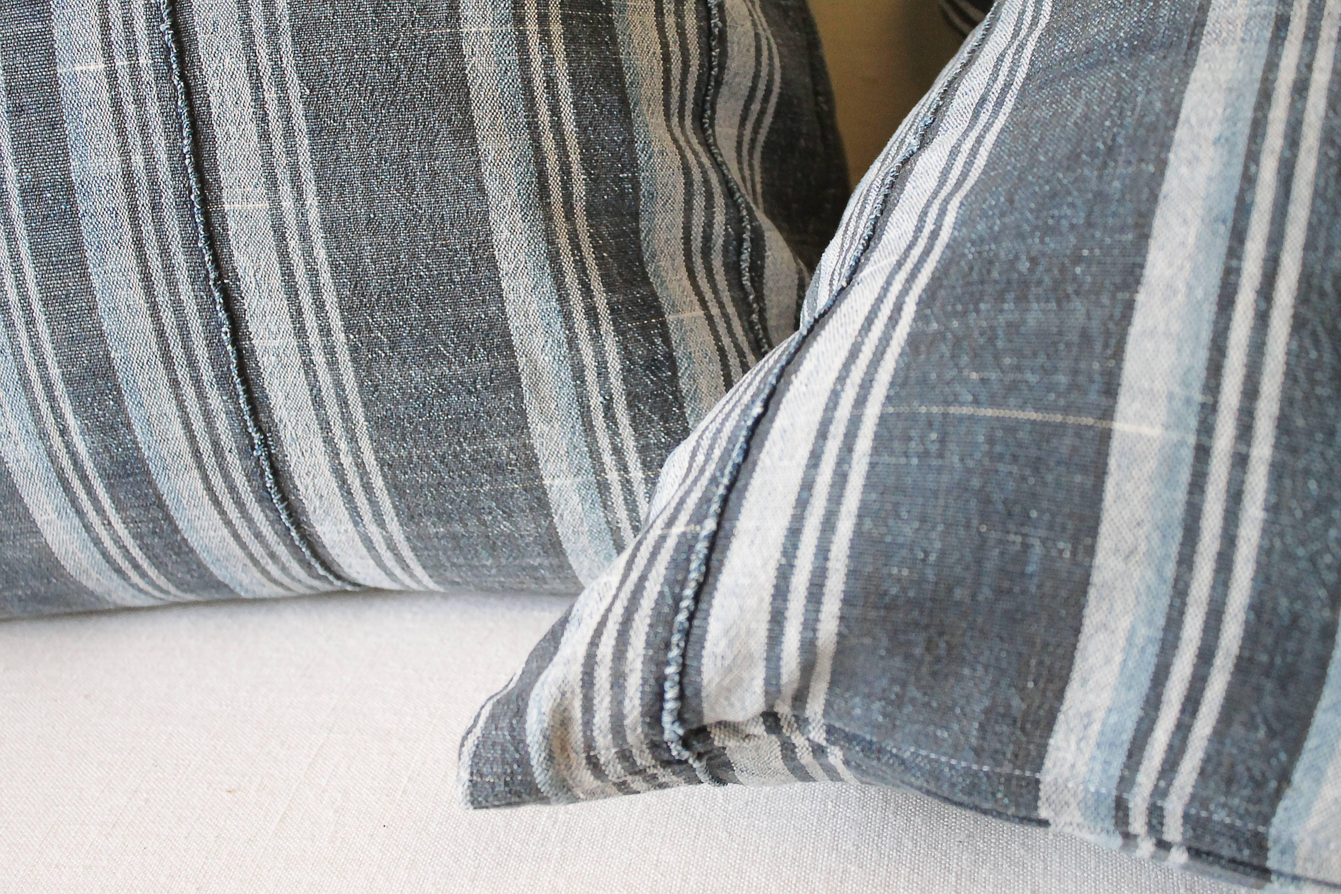 Dyed Vintage Indigo Stripe Accent Pillows with Down Insert