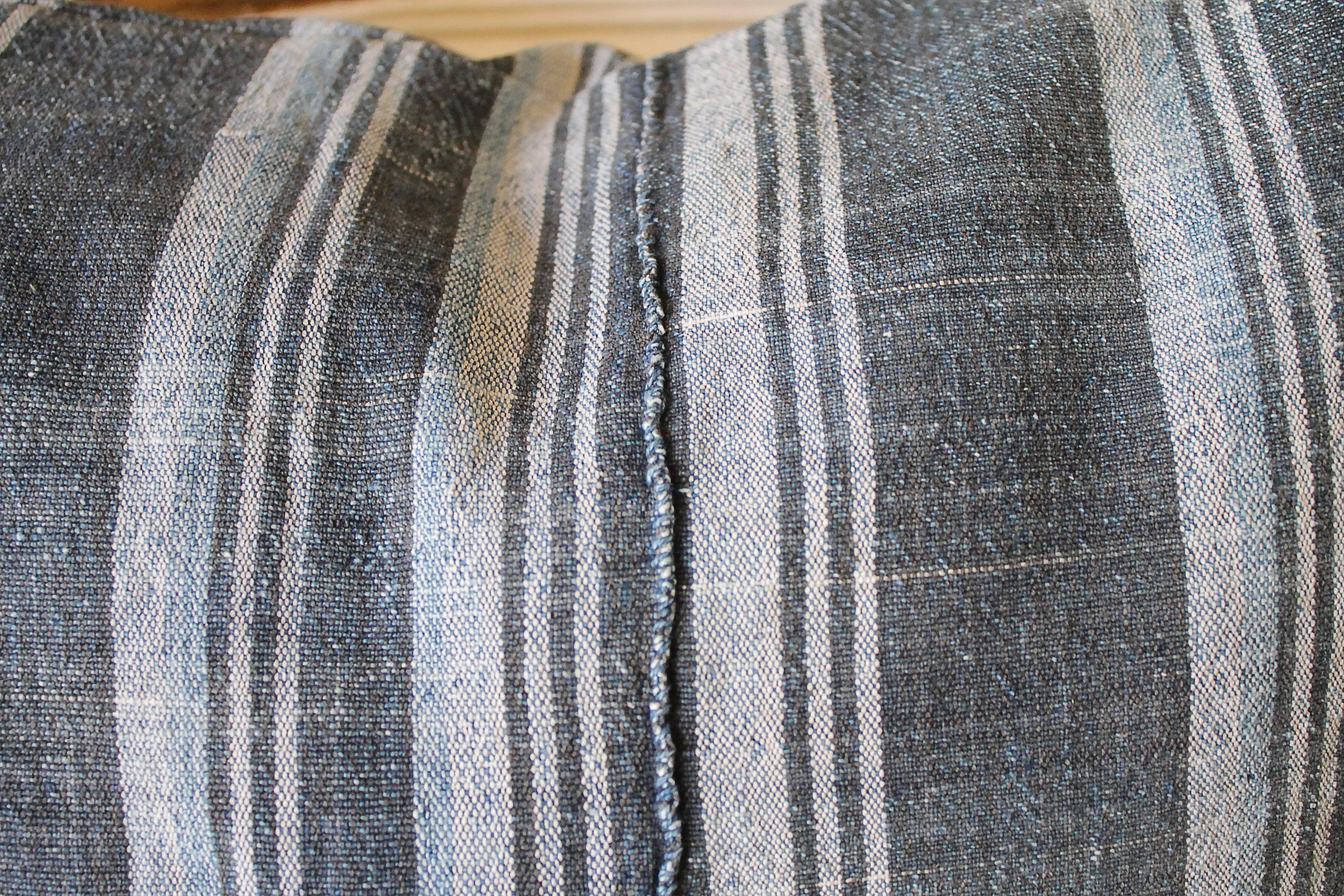 Vintage Indigo Stripe Accent Pillows with Down Insert In Excellent Condition In Brea, CA