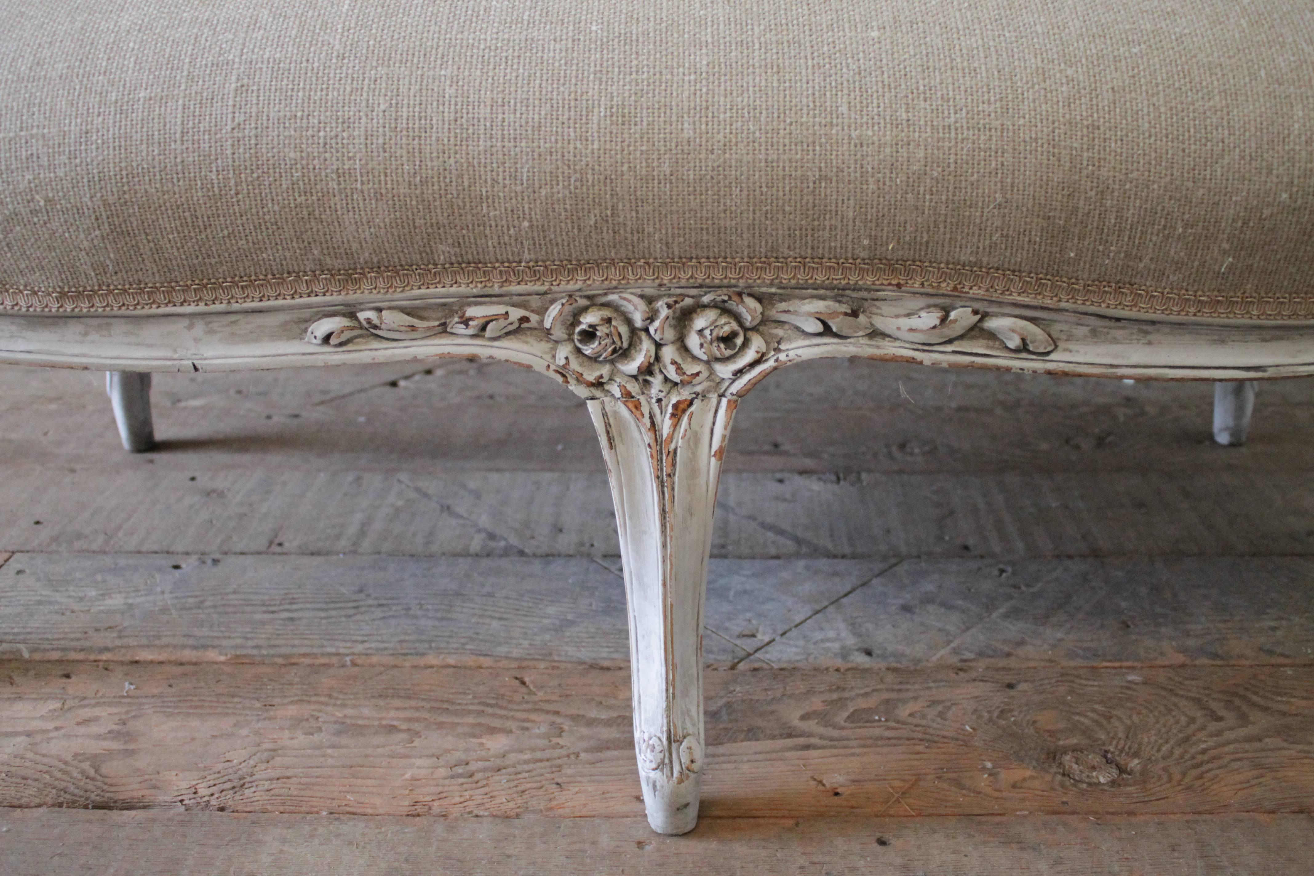19th Century French Country Hand-Carved Settee in Linen In Distressed Condition In Brea, CA