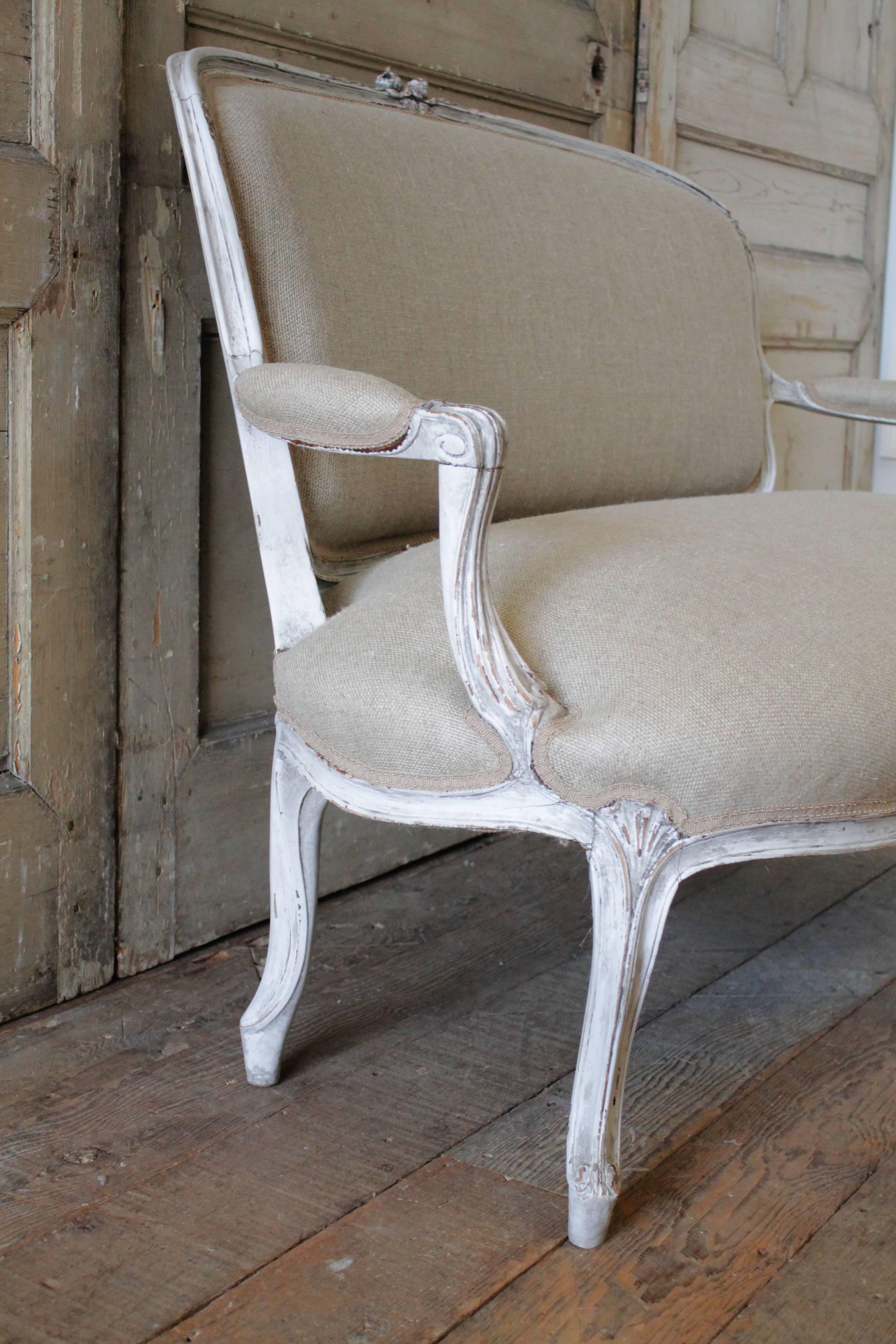 19th Century French Country Hand-Carved Settee in Linen 1
