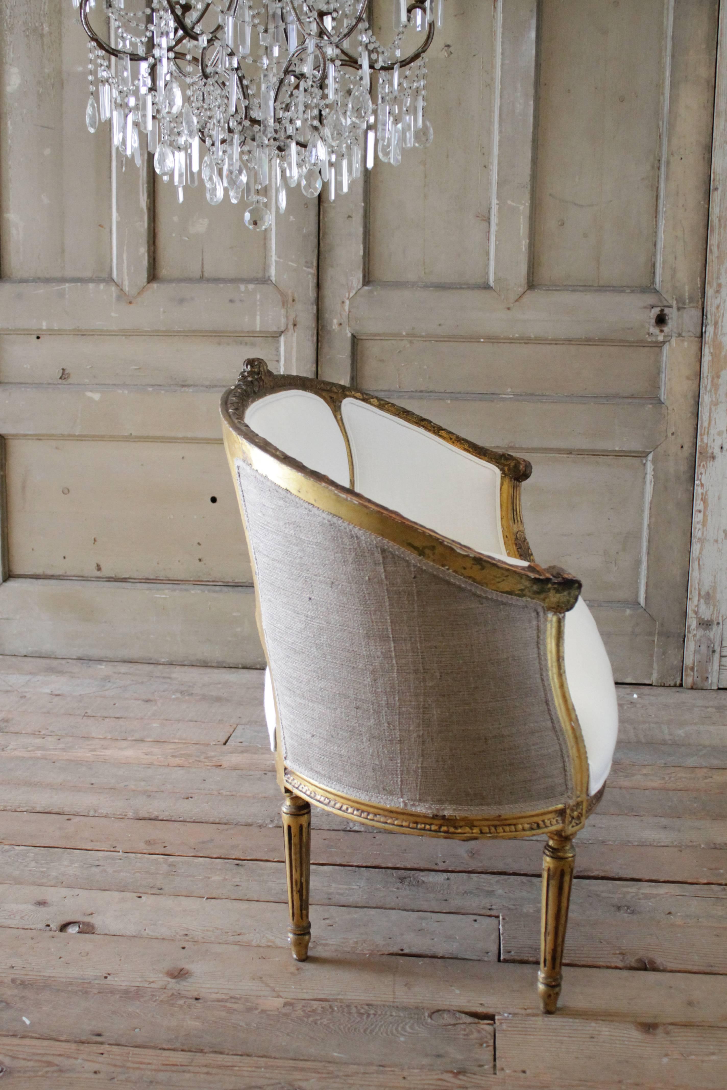 19th Century Antique Giltwood Louis XVI Style Settee in White Linen