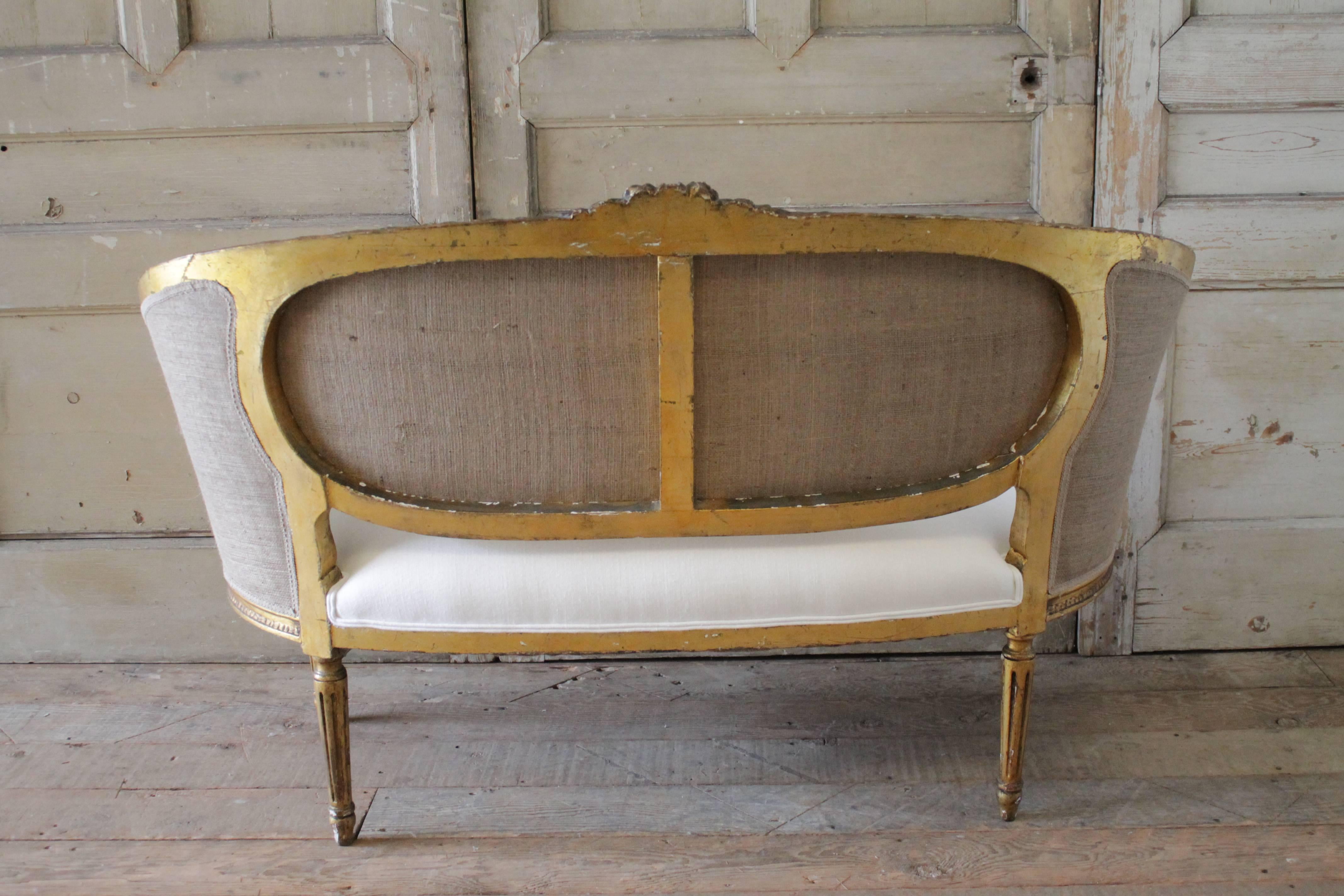 Antique Giltwood Louis XVI Style Settee in White Linen 1