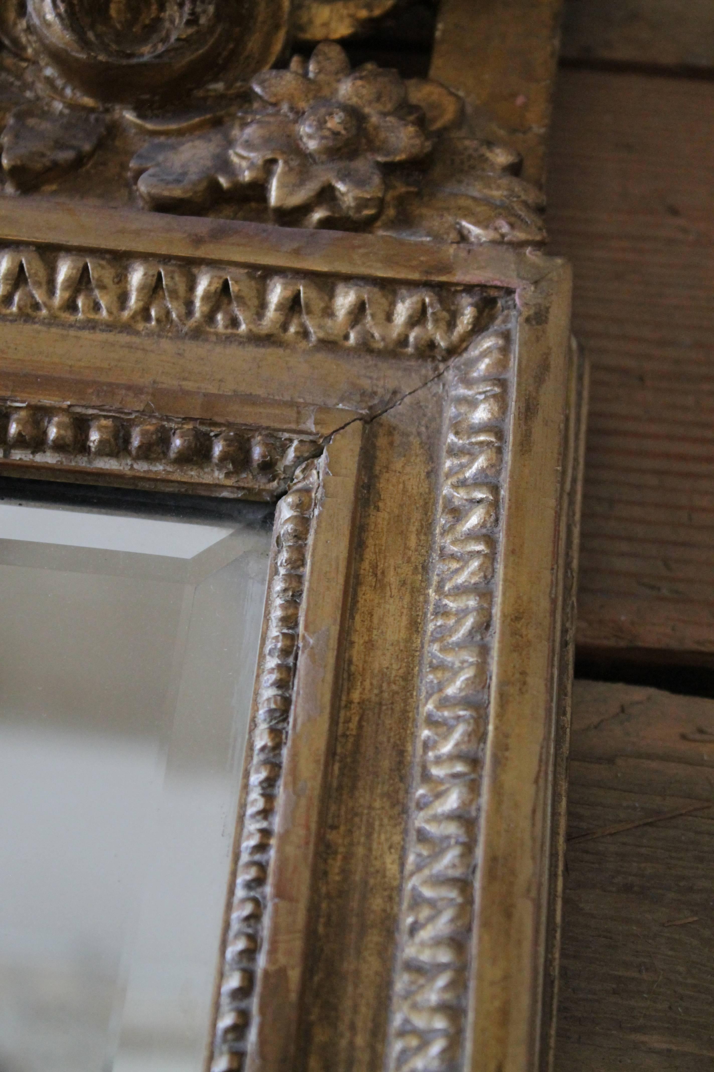 19th Century Antique French Giltwood and Gesso Mirror with Hand Painting