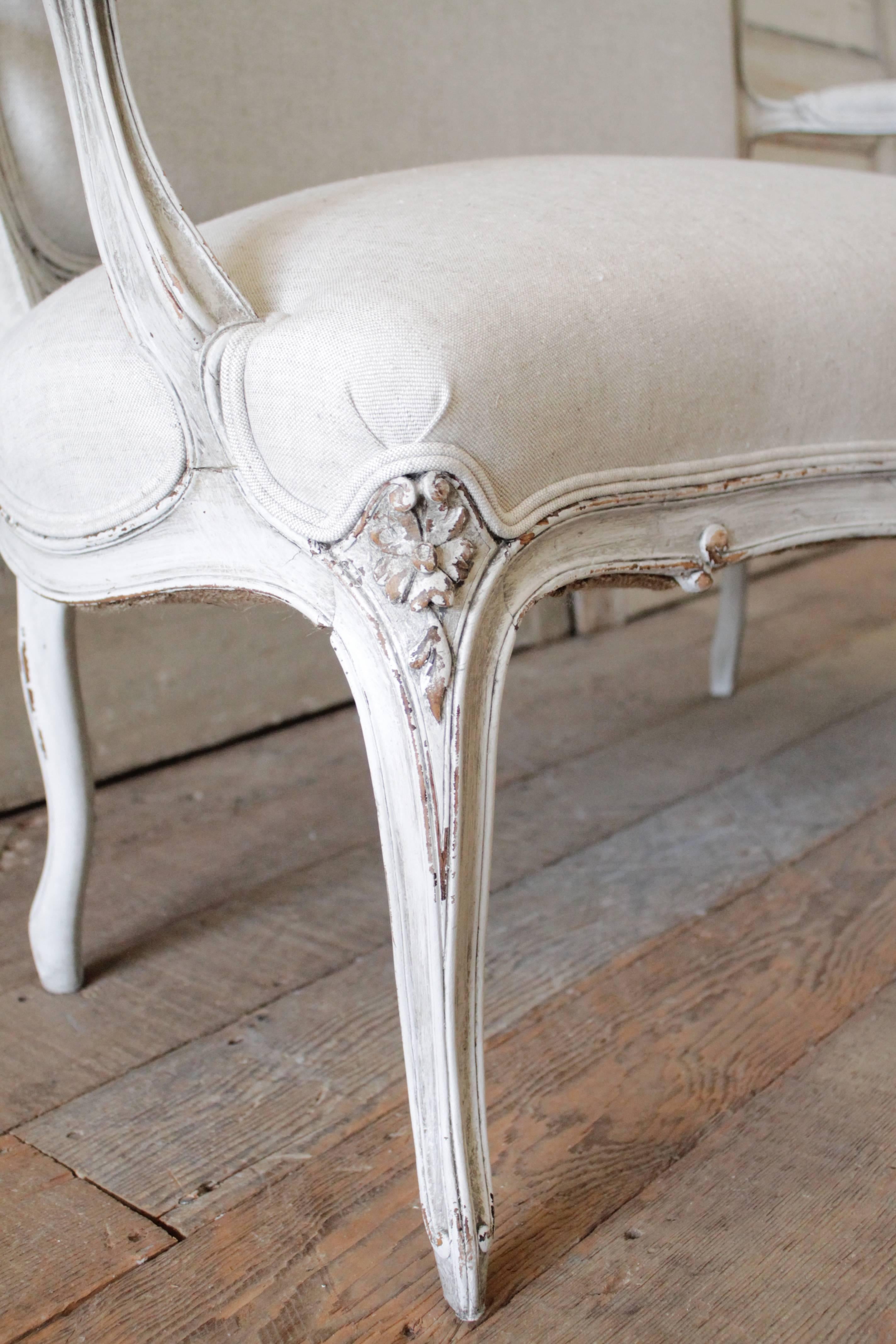 Linen 19th Century Hand-Carved and Painted Louis XV Style Settee