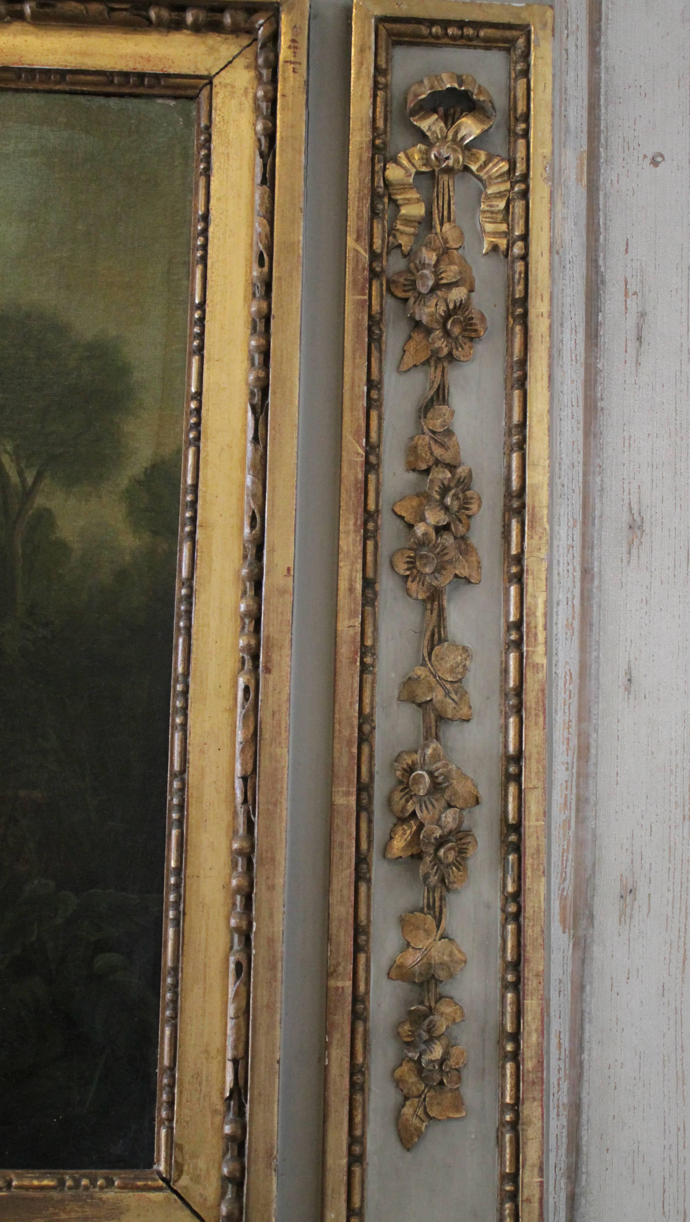 French Provincial 19th Century Antique French Trumeau Mirror with Oil Painting