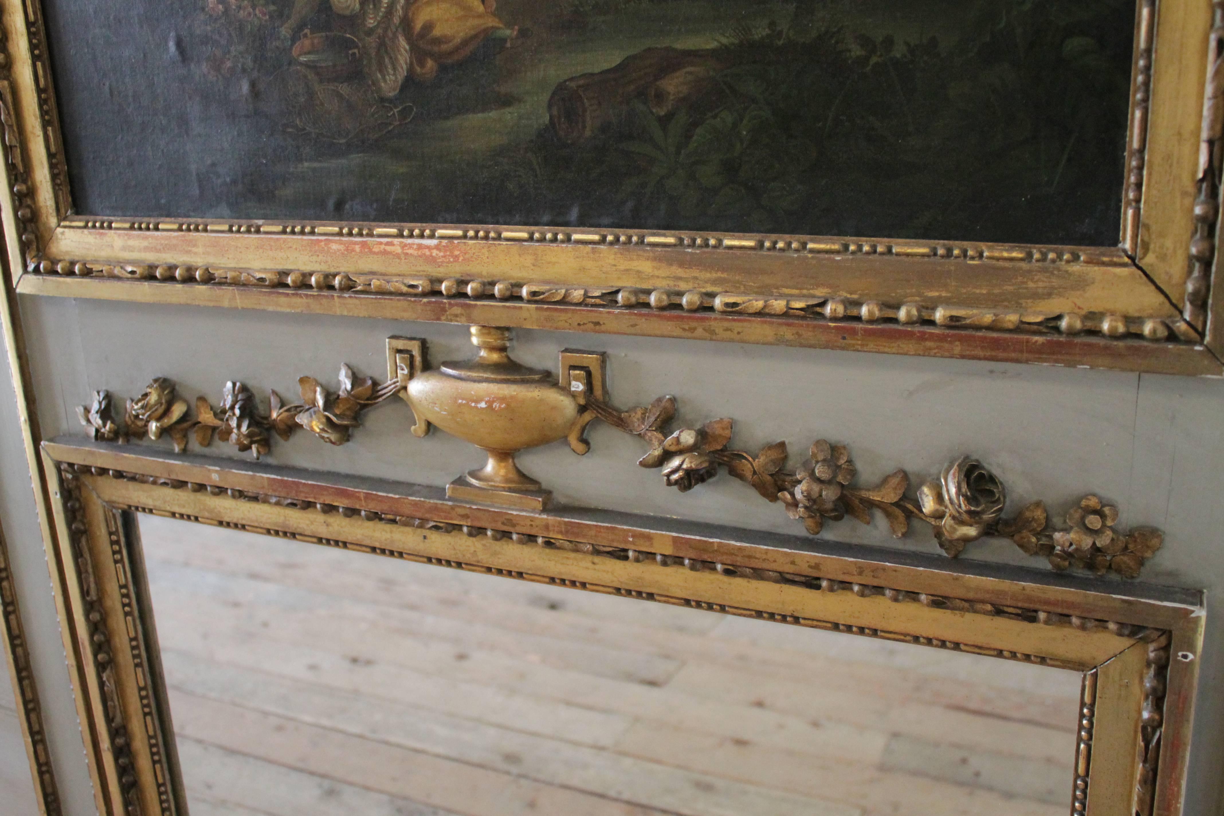 Gilt 19th Century Antique French Trumeau Mirror with Oil Painting