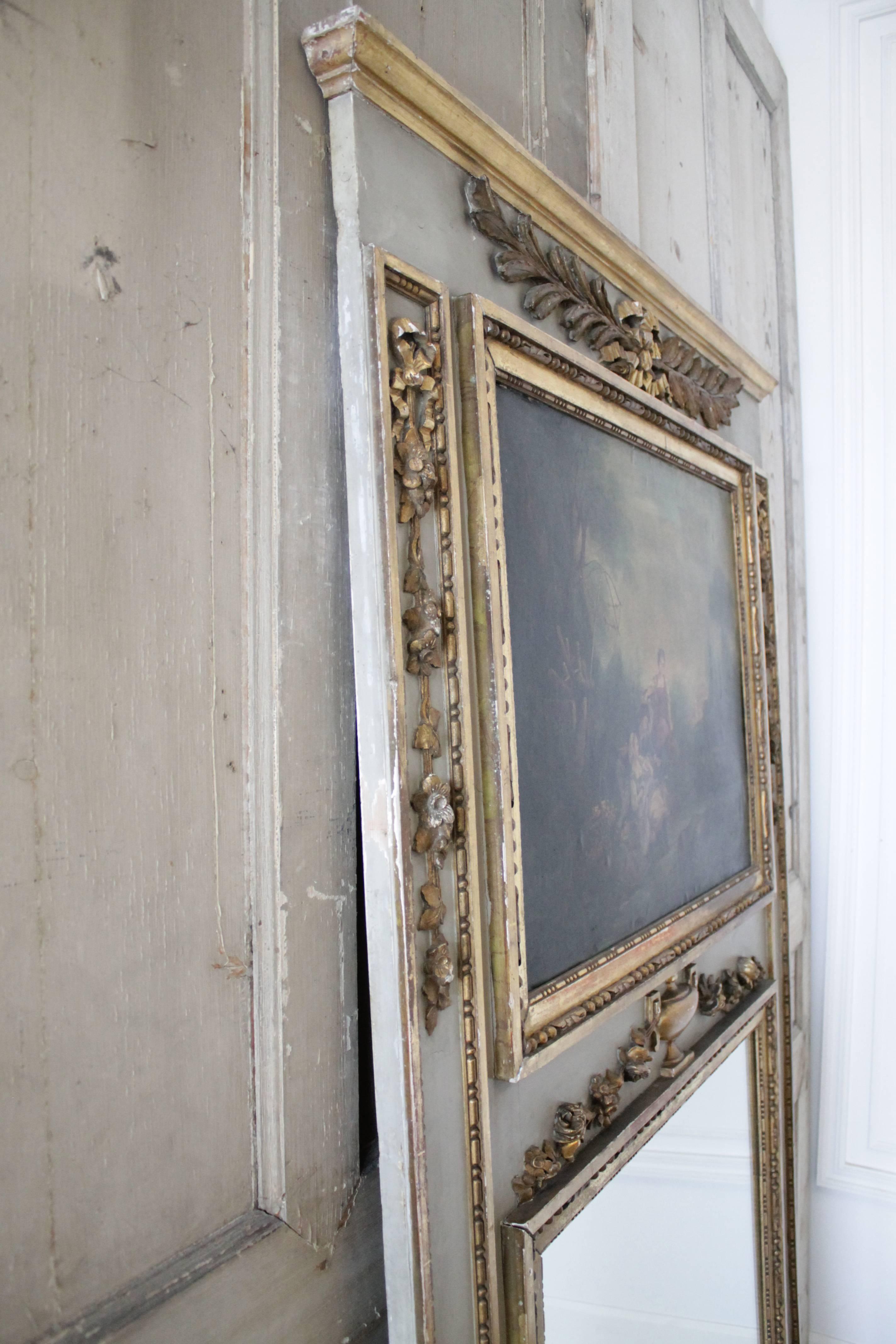 19th Century Antique French Trumeau Mirror with Oil Painting 1