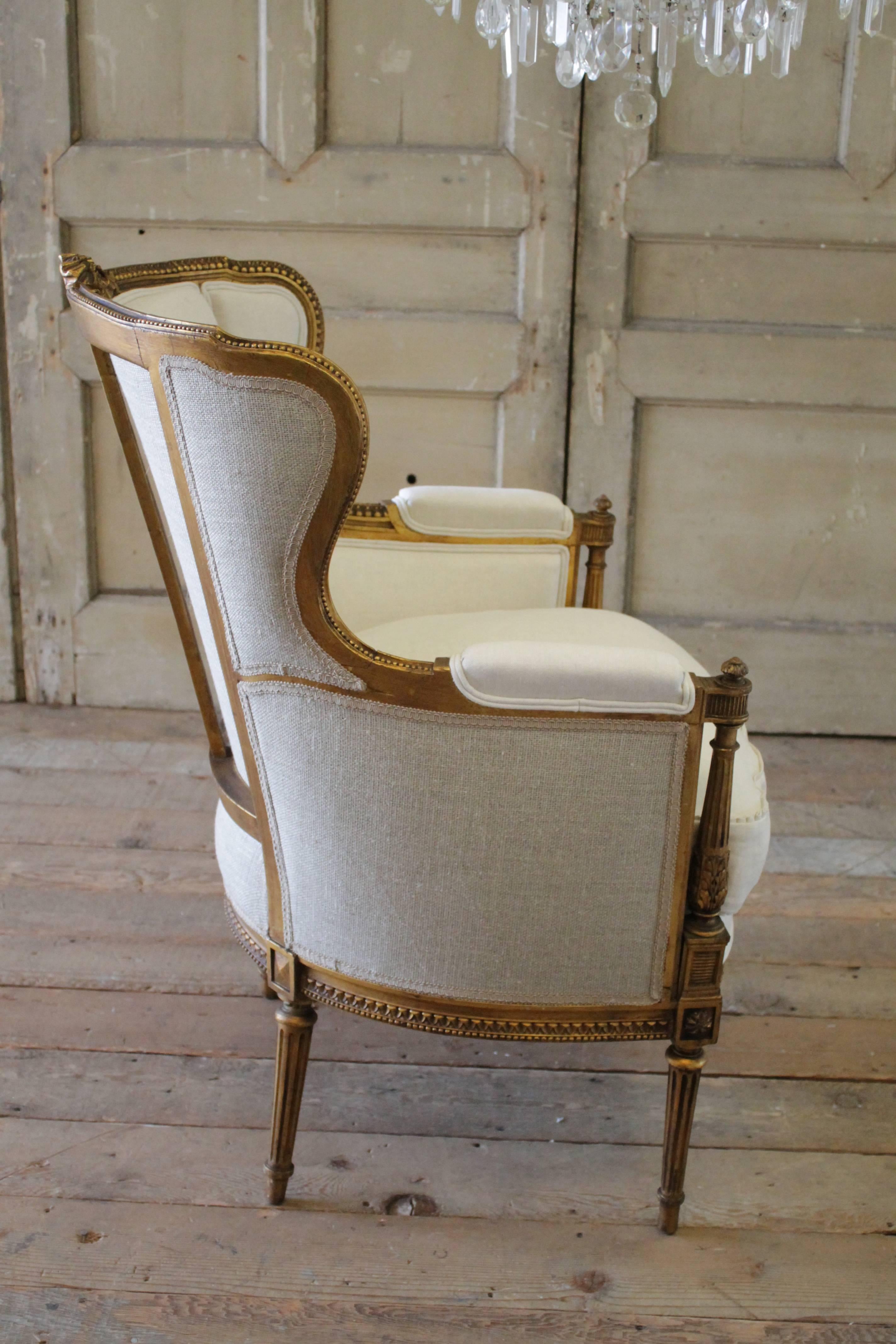 Antique Louis XVI Style Gilt French Wing Chair with Linen Upholstery 1